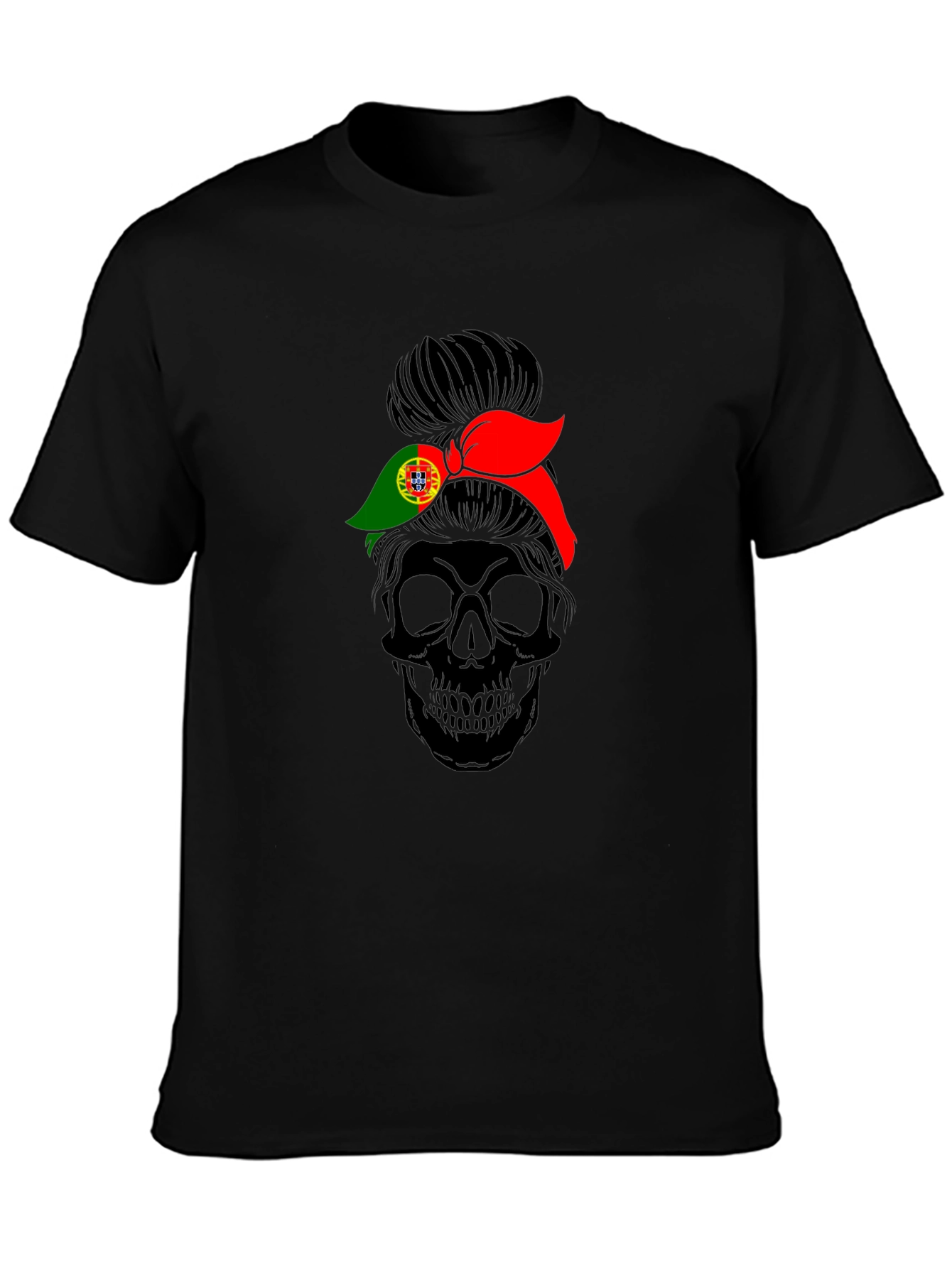 Skull Messy Bun Portugal Flag T-Shirt