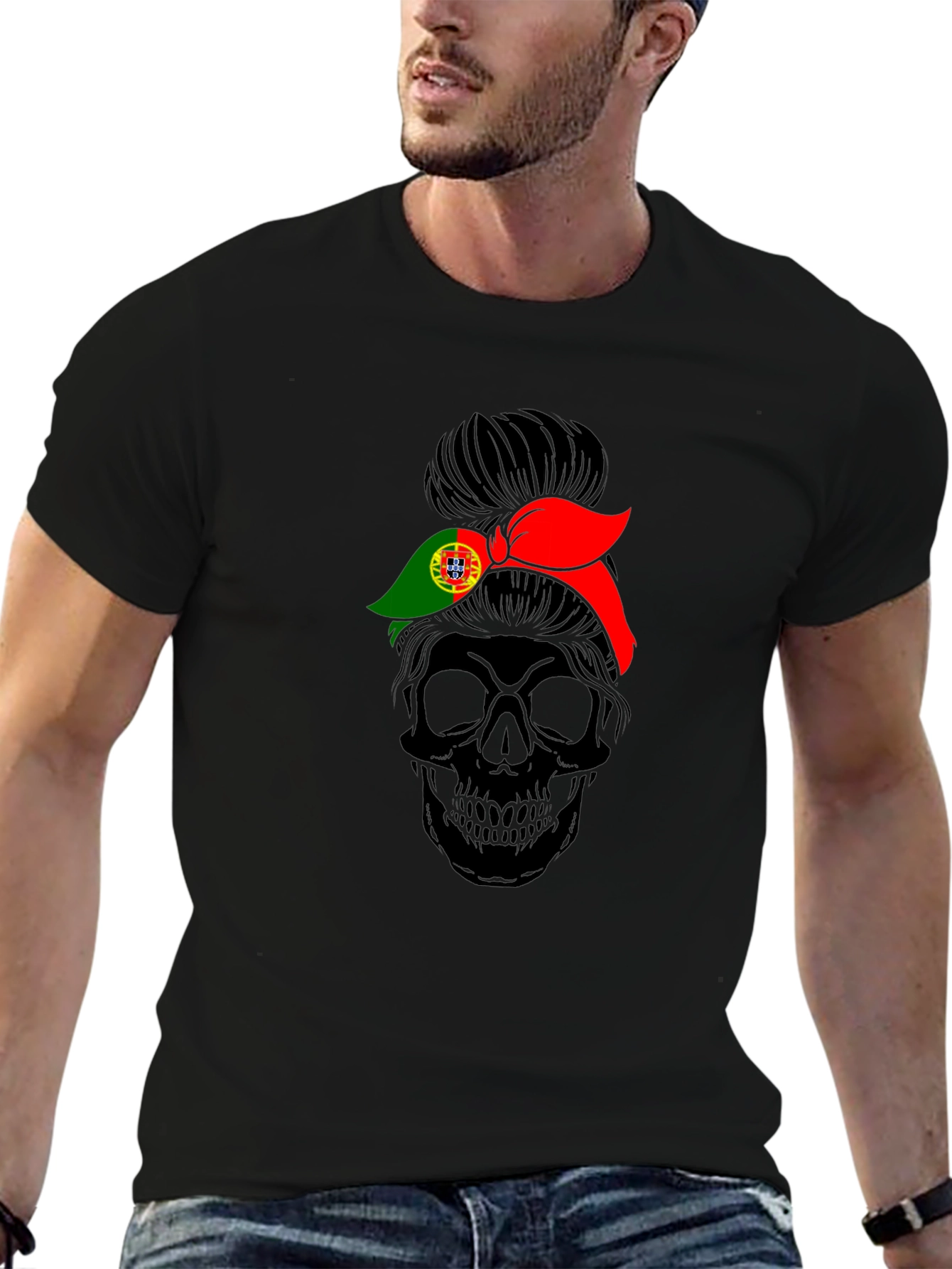 Skull Messy Bun Portugal Flag T-Shirt