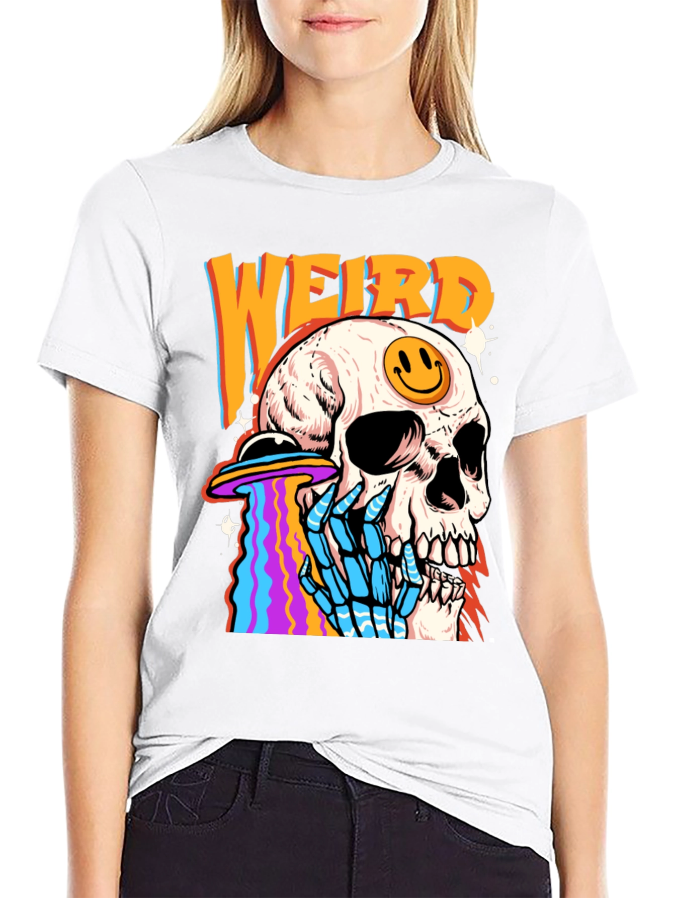 Weird Skull UFO Graphic Tee - Black Cotton