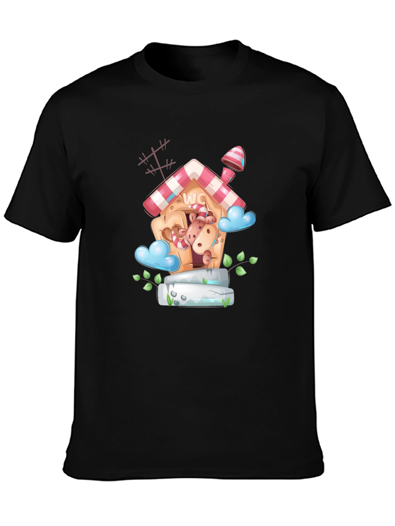 Cartoon Hippo WC House Black T-Shirt