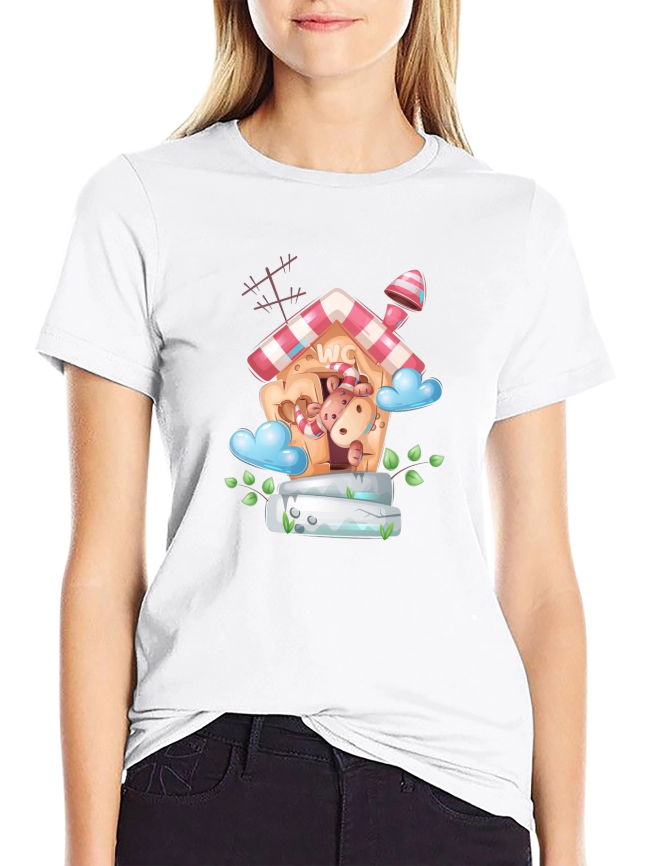 Cartoon Hippo WC House Black T-Shirt