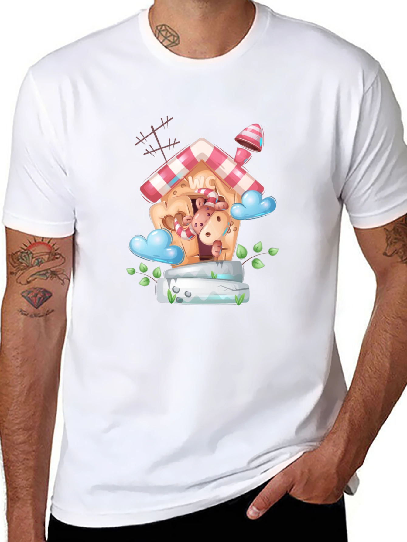 Cartoon Hippo WC House Black T-Shirt