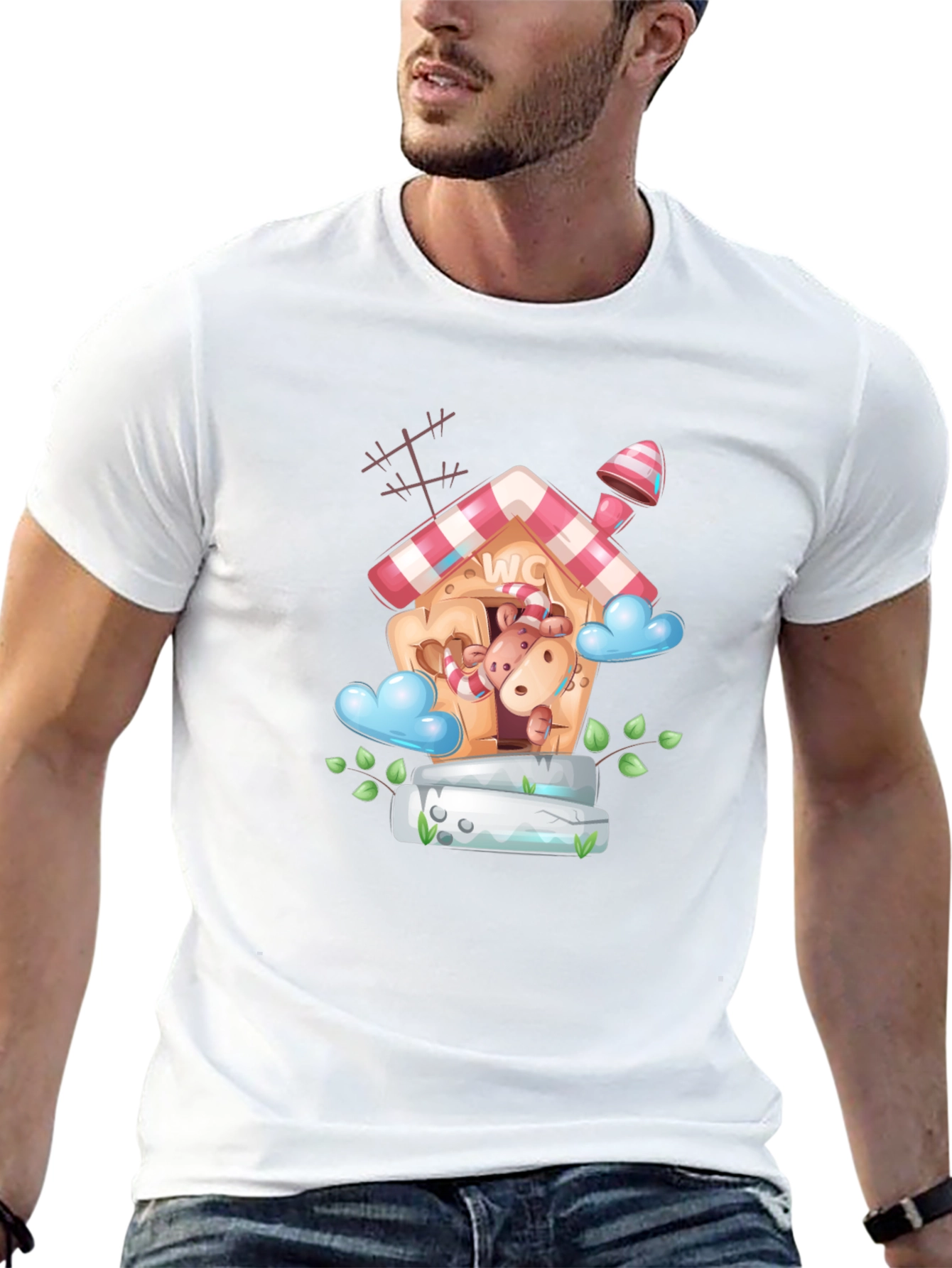 Cartoon Hippo WC House Black T-Shirt
