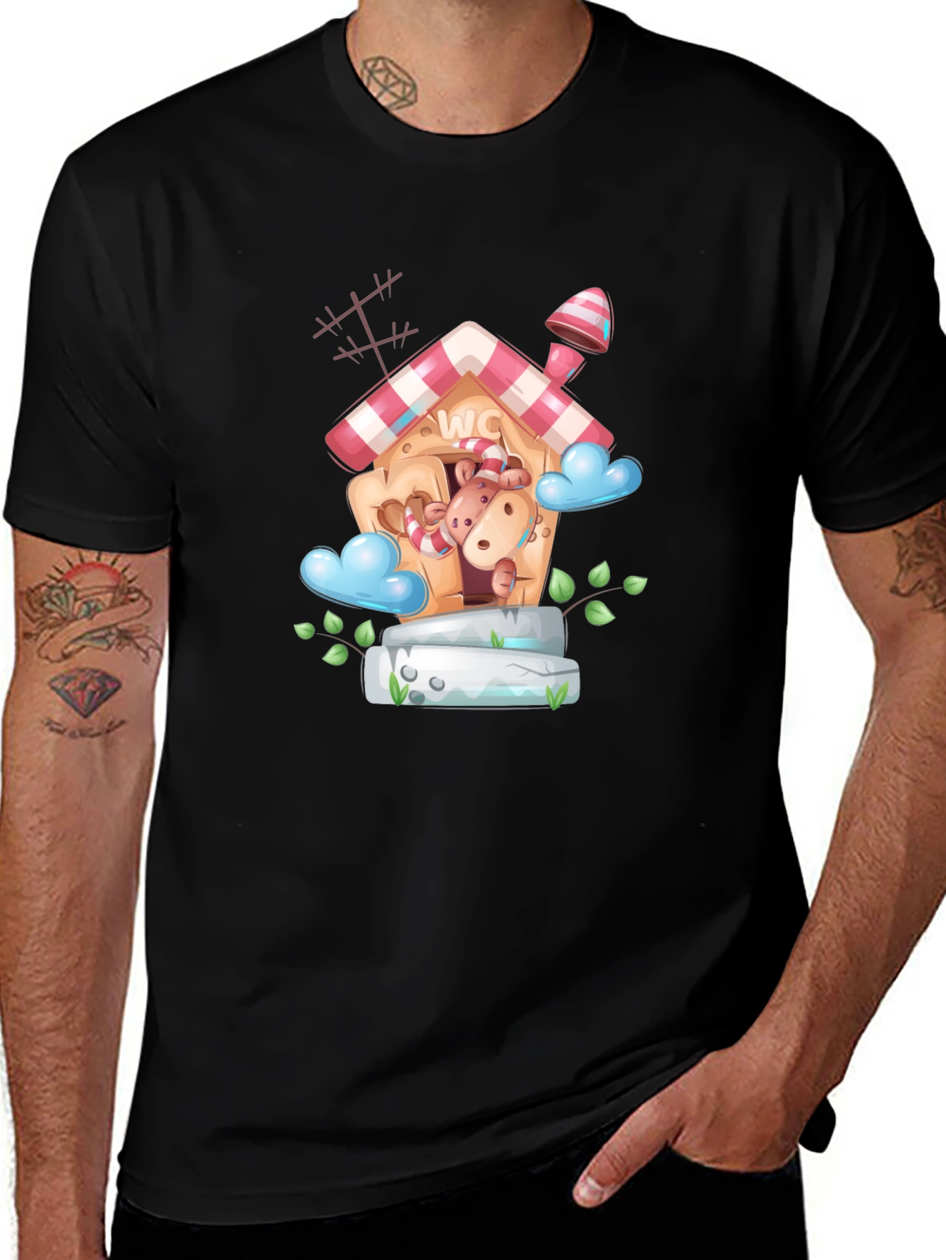 Cartoon Hippo WC House Black T-Shirt