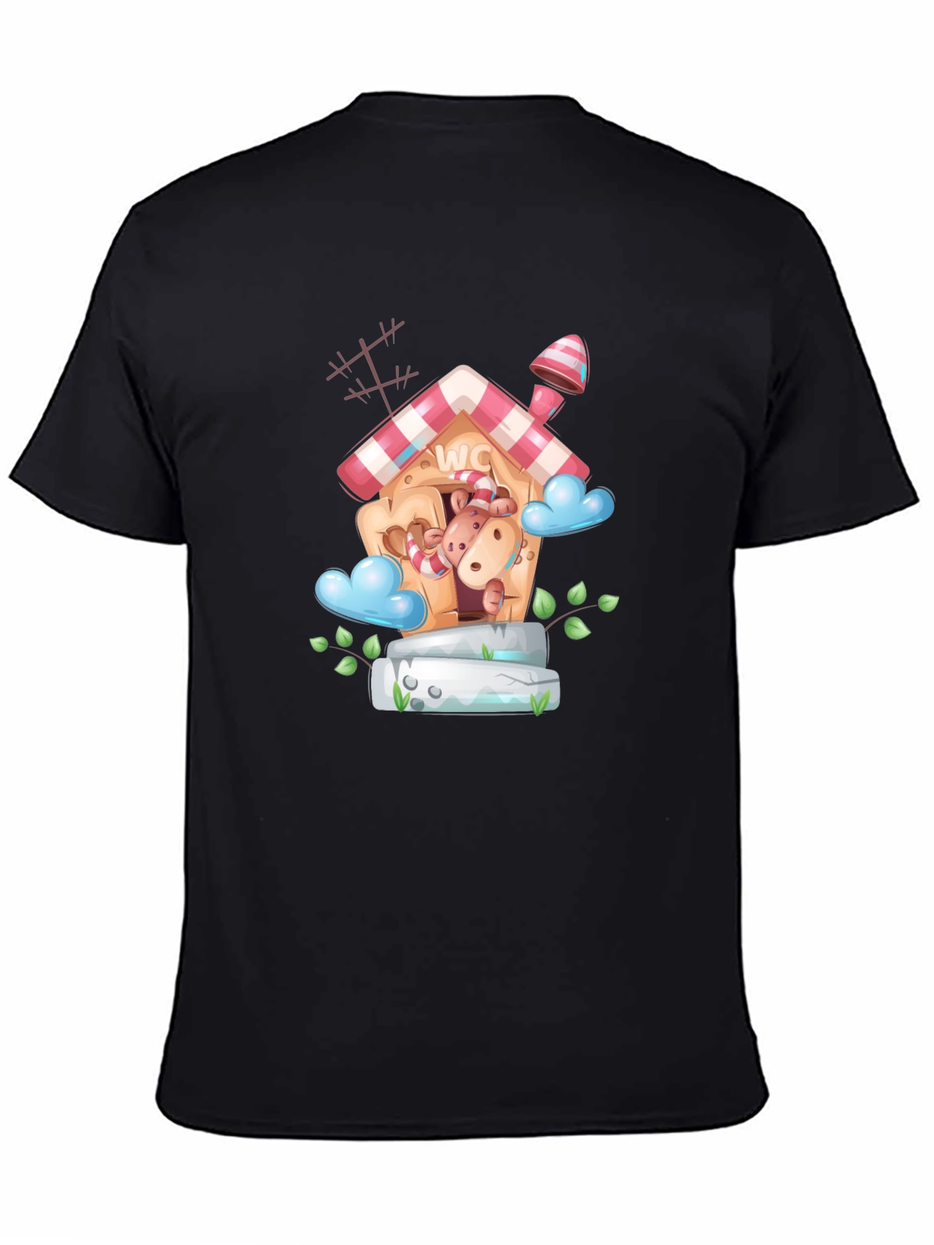 Cartoon Hippo WC House Black T-Shirt