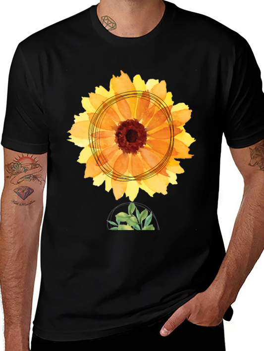 Sunflower Watercolor Graphic Tee - Black Cotton T-Shirt