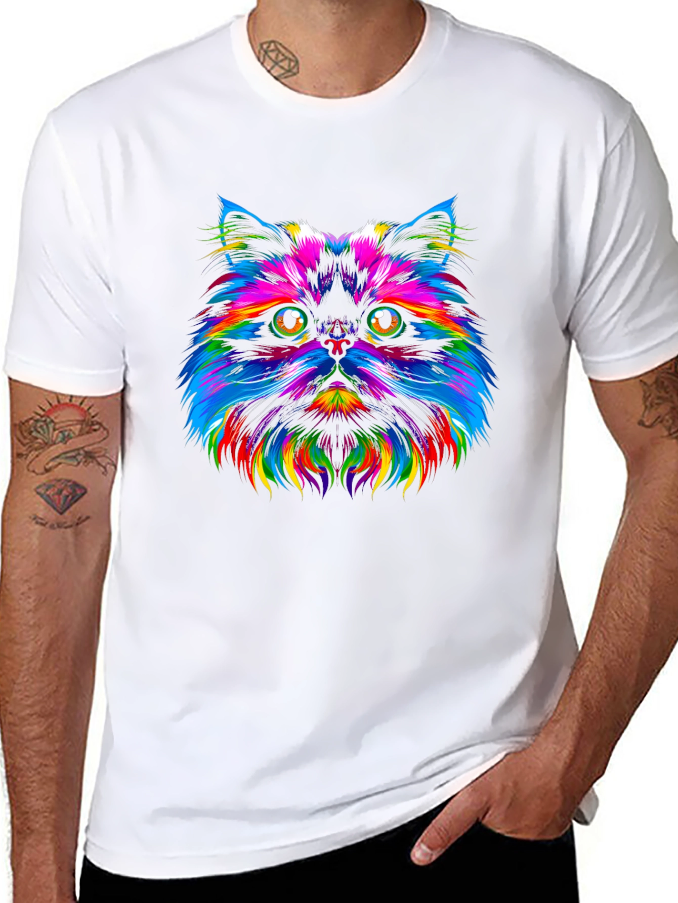 Rainbow Cat Graphic Tee - Trendy Black T-Shirt