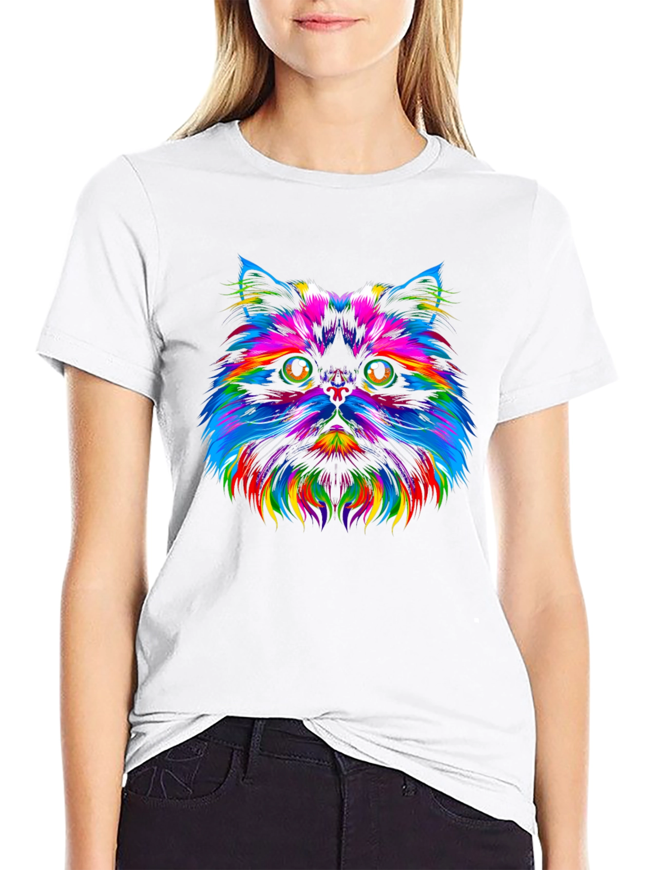 Rainbow Cat Graphic Tee - Trendy Black T-Shirt