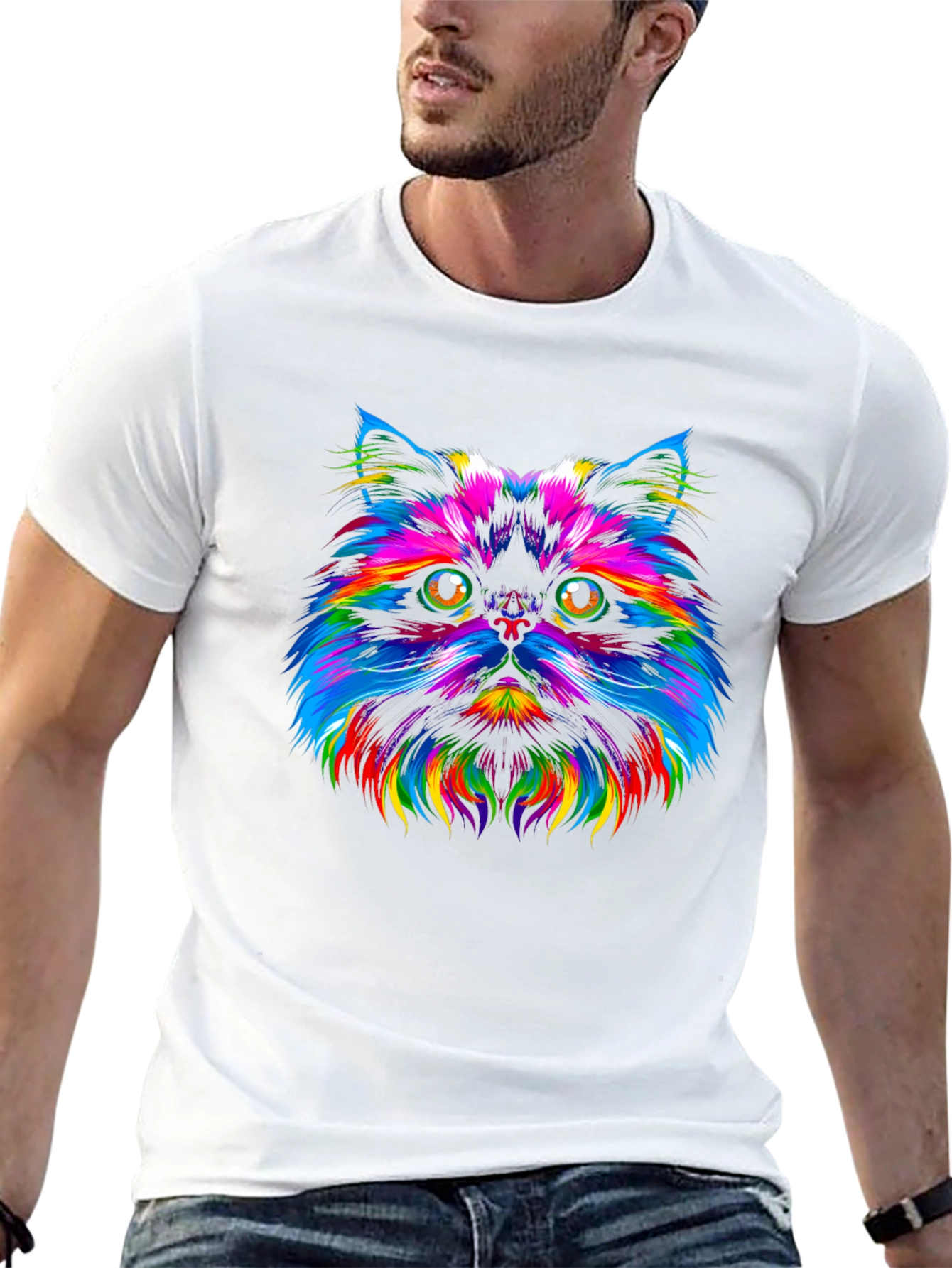 Rainbow Cat Graphic Tee - Trendy Black T-Shirt