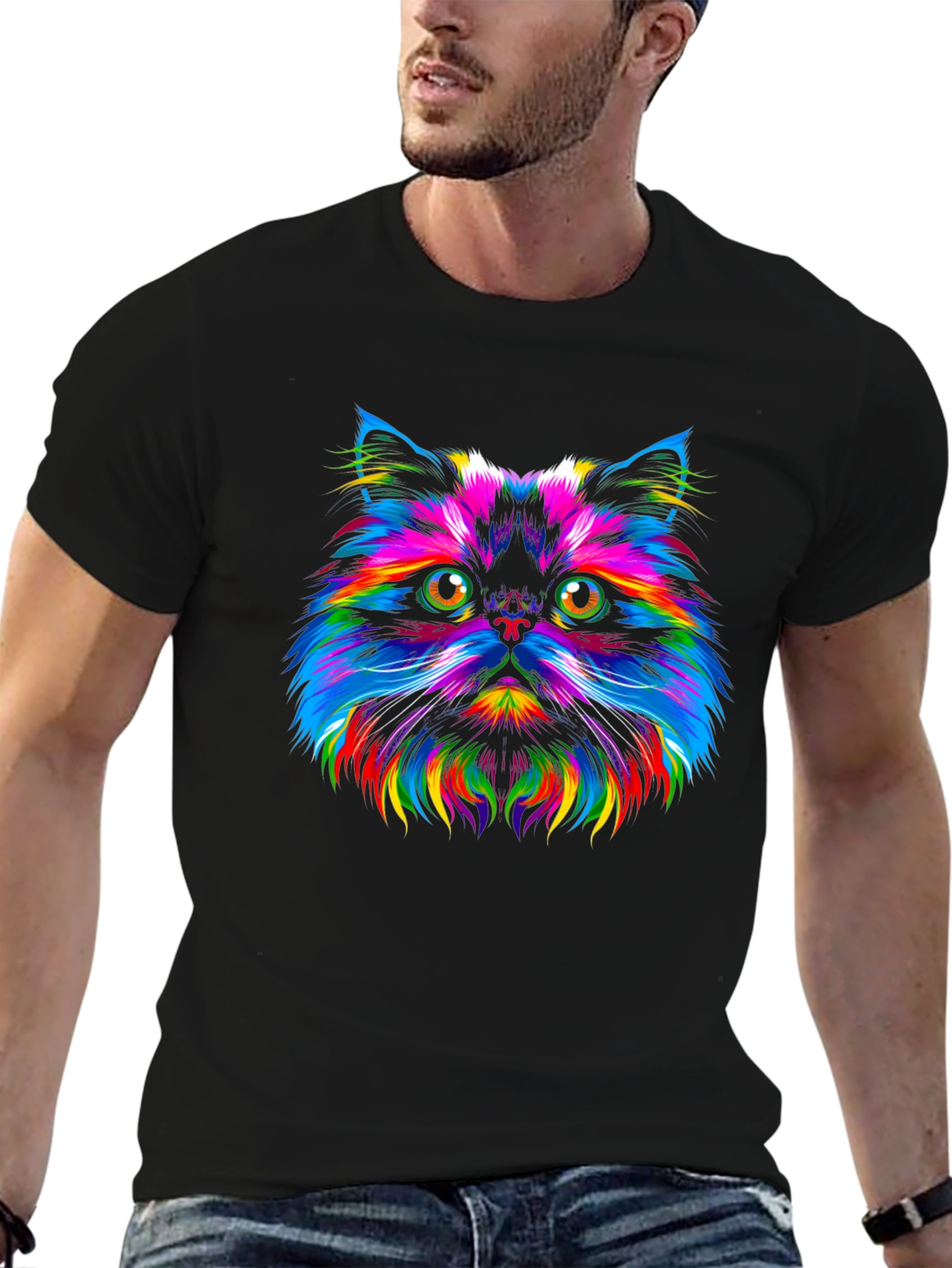 Rainbow Cat Graphic Tee - Trendy Black T-Shirt