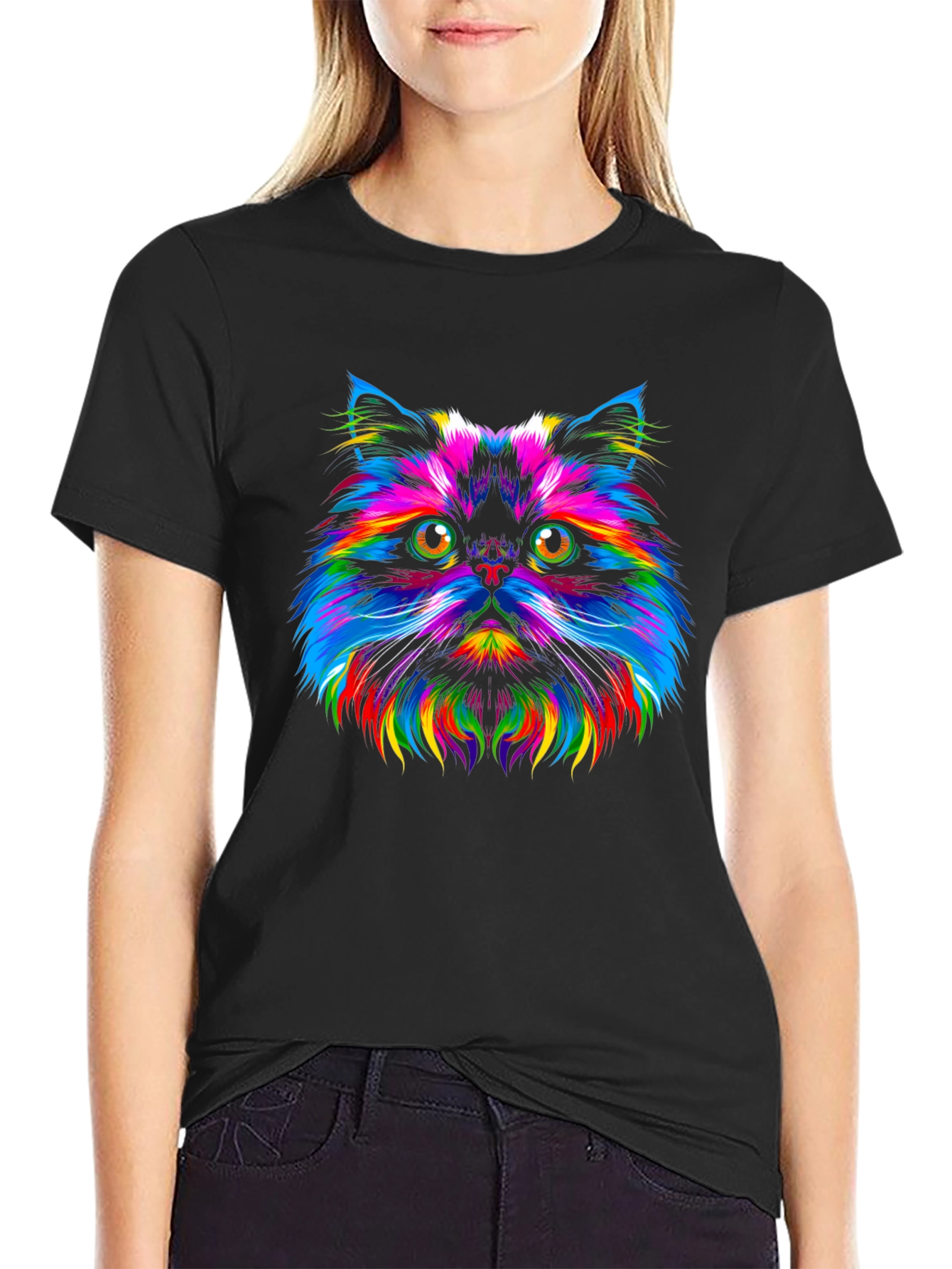 Rainbow Cat Graphic Tee - Trendy Black T-Shirt