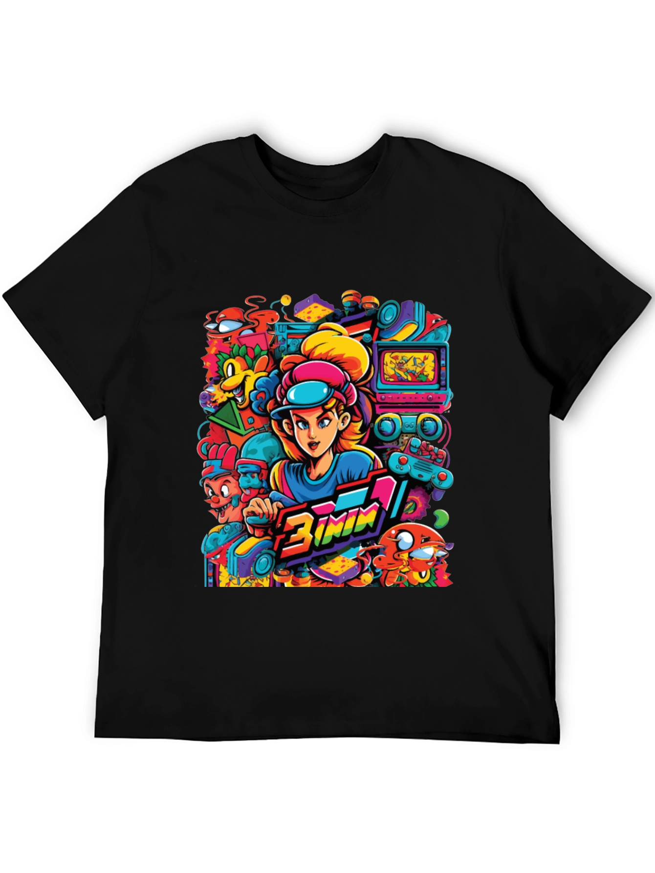 Retro Gamer Cartoon Print Black Tee