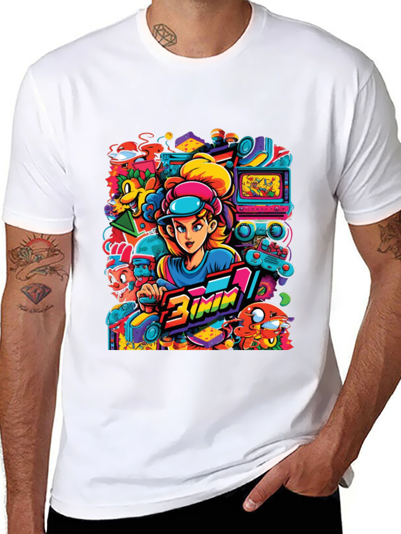 Retro Gamer Cartoon Print Black Tee