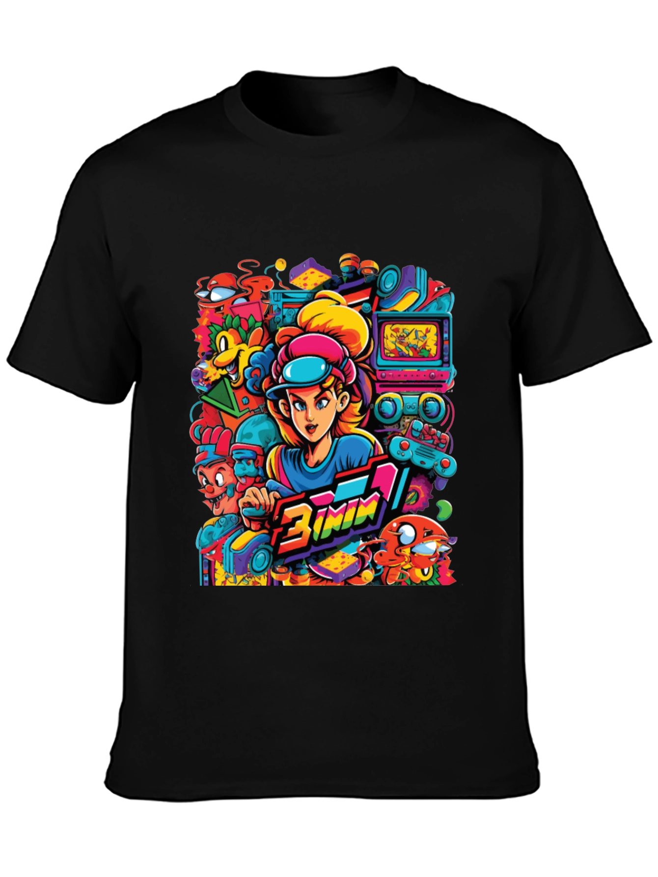 Retro Gamer Cartoon Print Black Tee