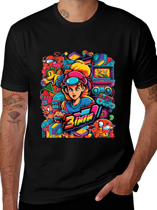 Retro Gamer Cartoon Print Black Tee