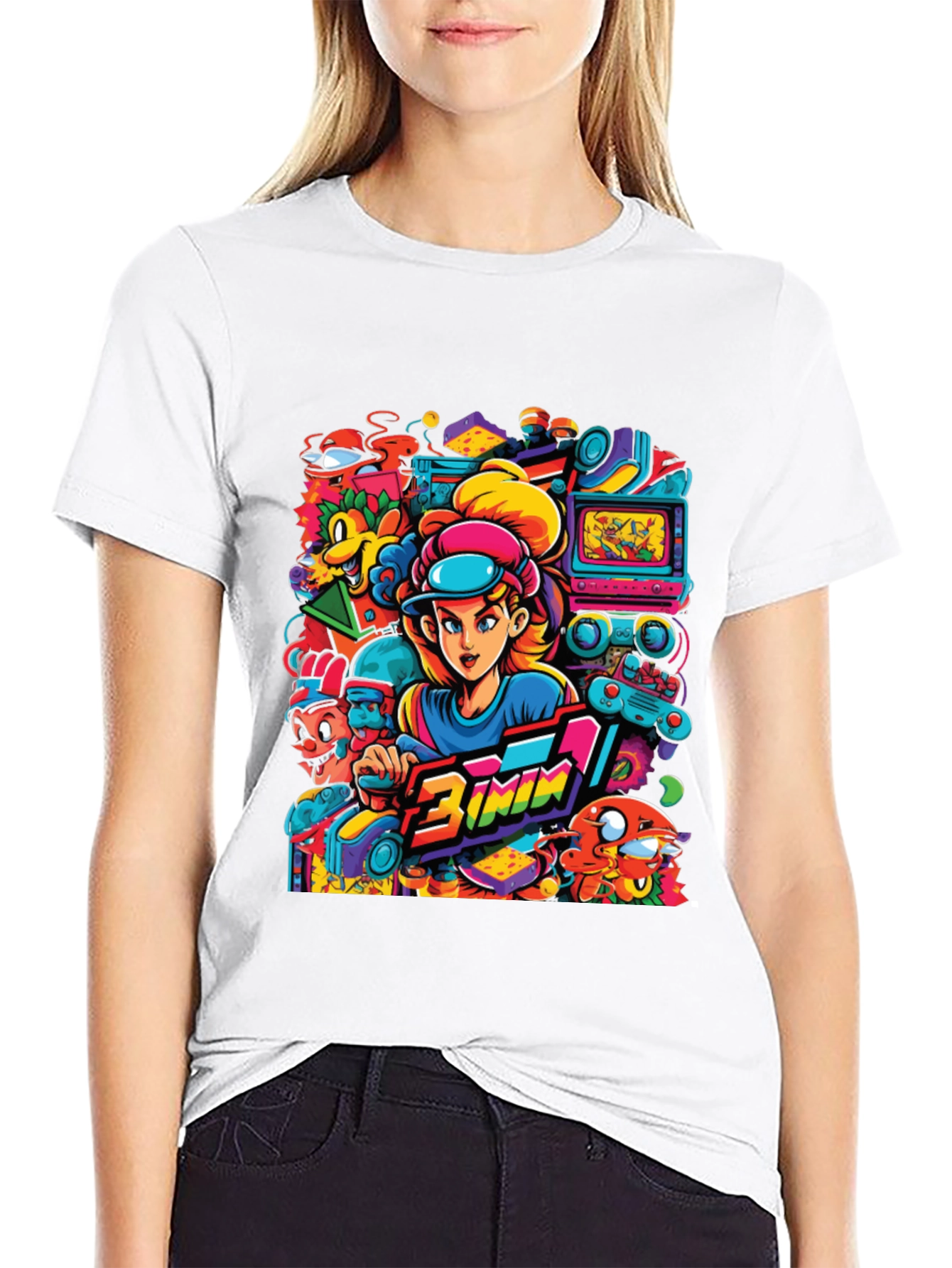 Retro Gamer Cartoon Print Black Tee