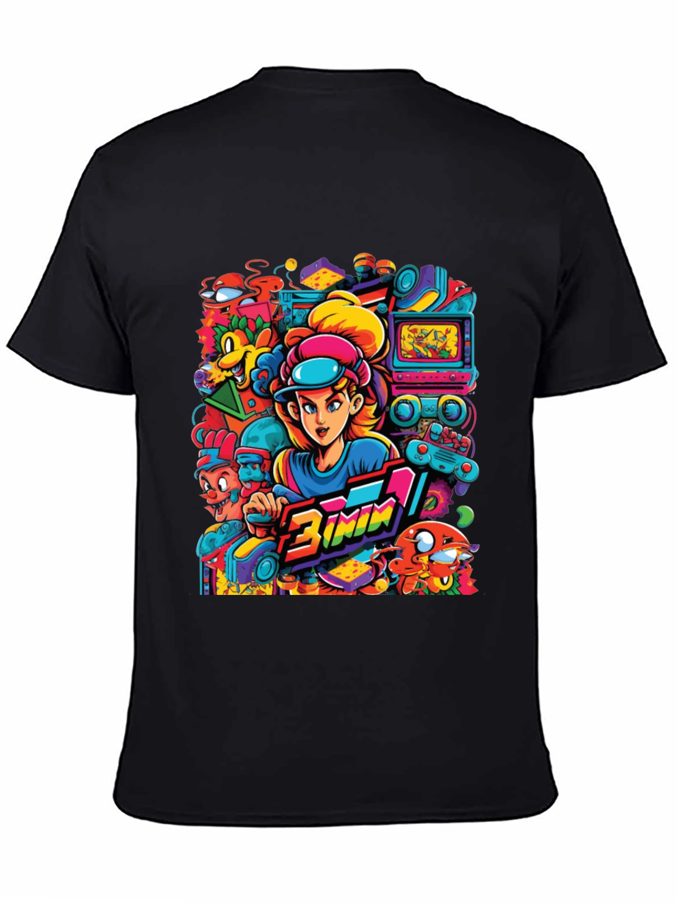 Retro Gamer Cartoon Print Black Tee