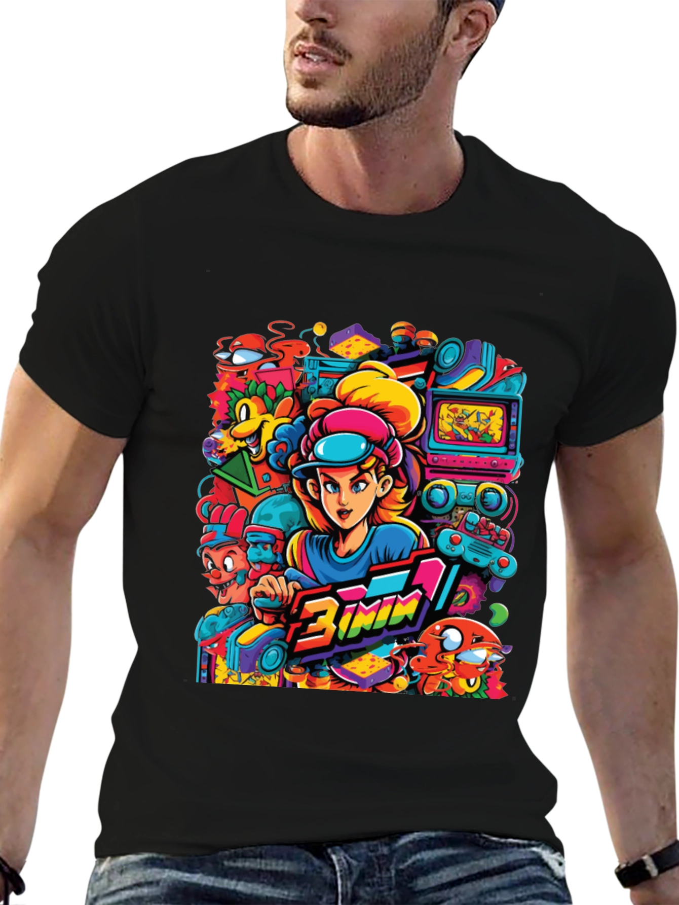 Retro Gamer Cartoon Print Black Tee