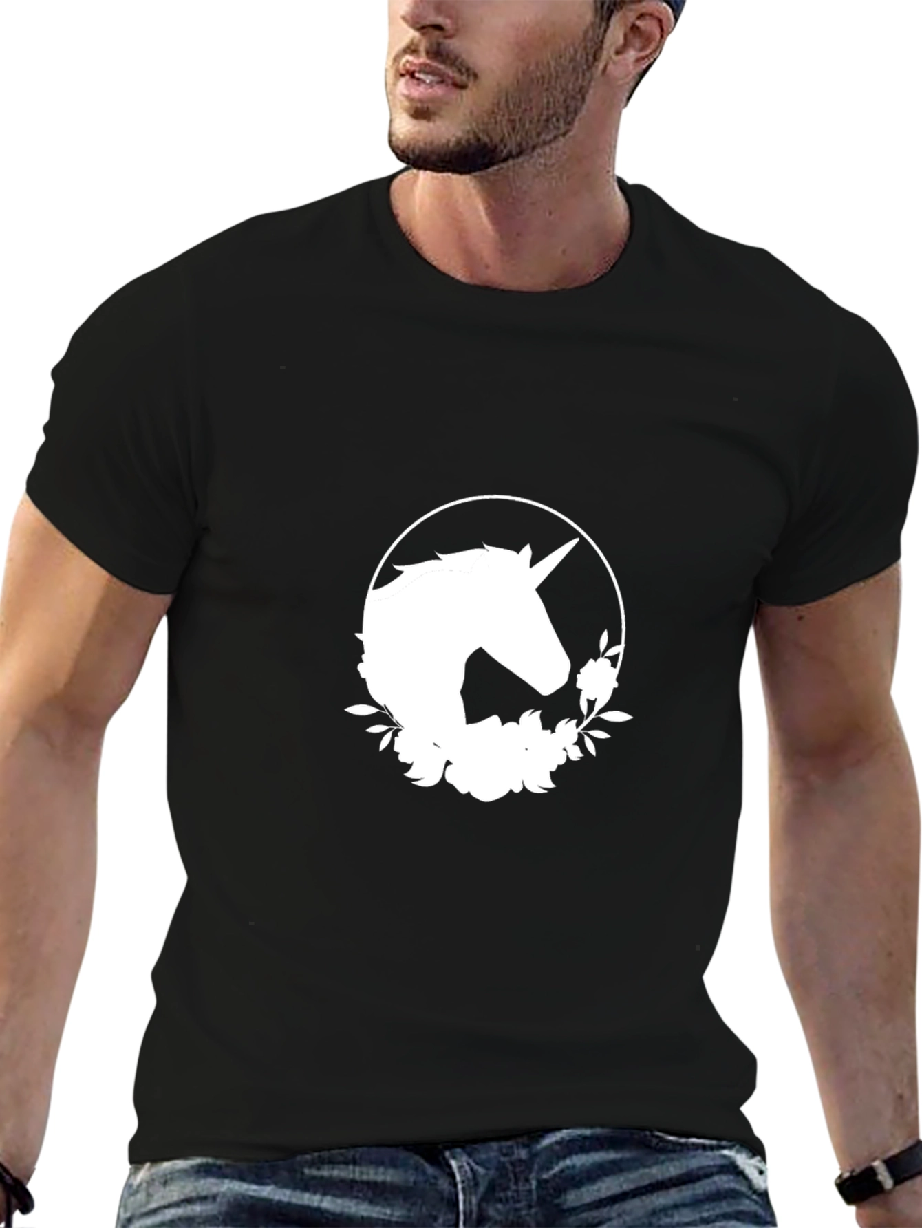 Unicorn Floral Graphic Black T-Shirt