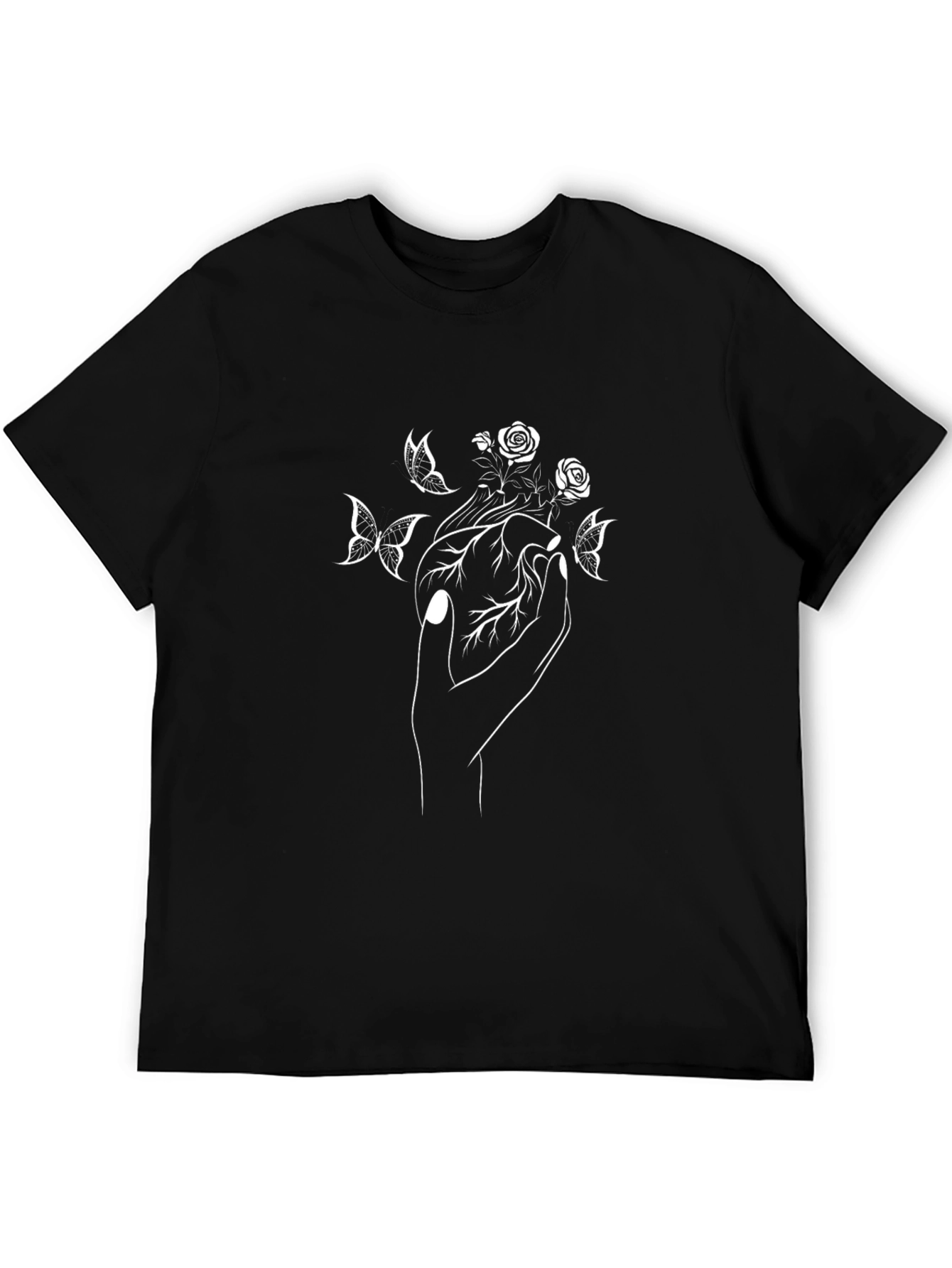 Black T-Shirt with Hand Rose and Butterfly Graphic