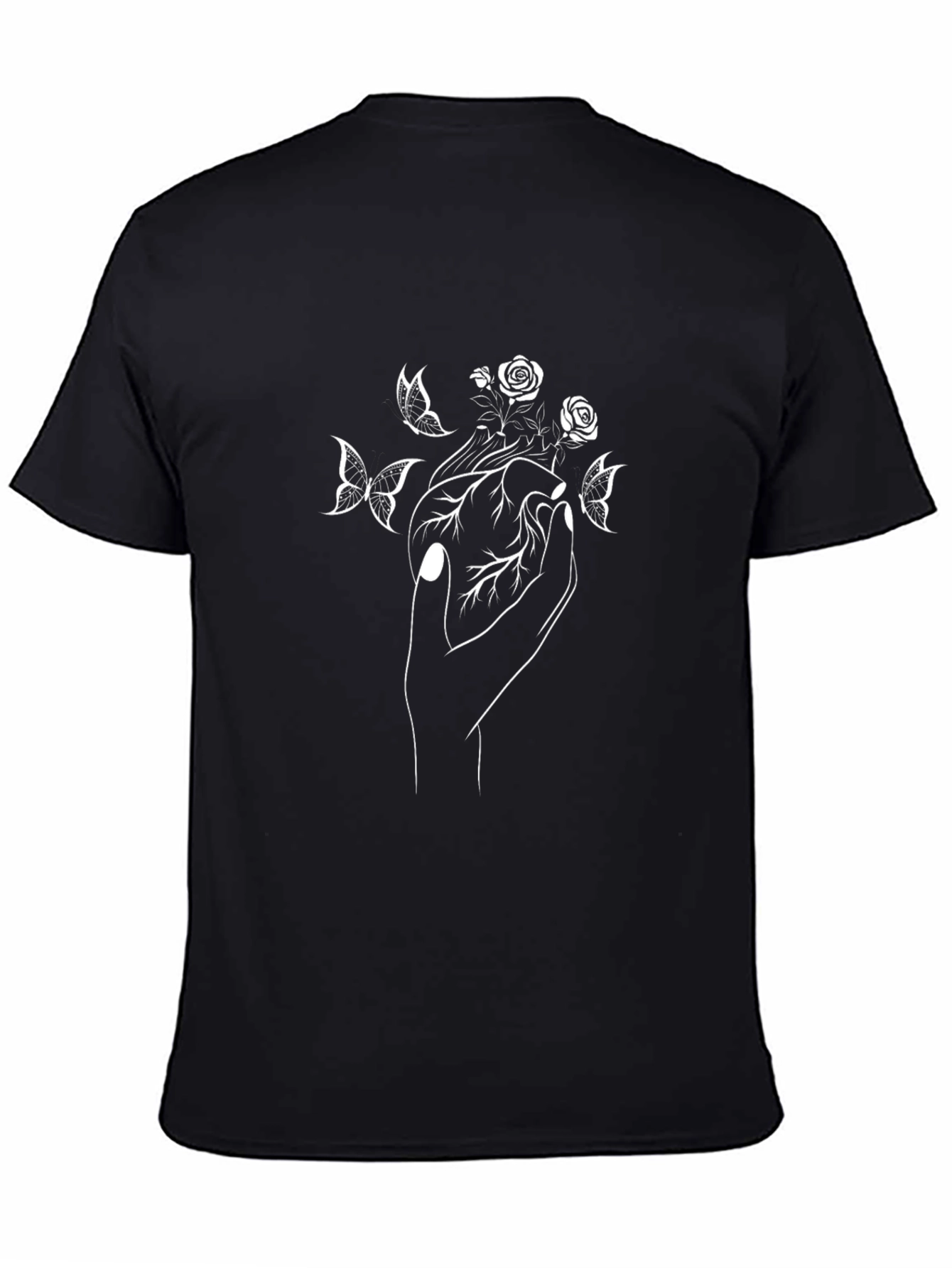 Black T-Shirt with Hand Rose and Butterfly Graphic