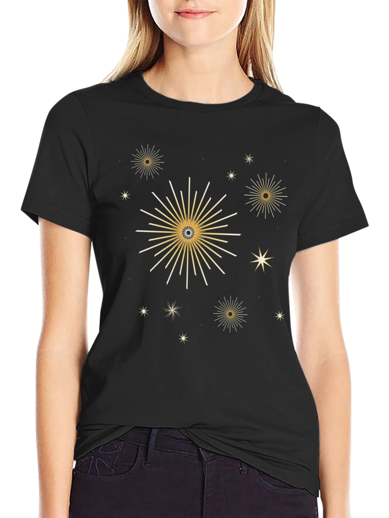Stylish Black Tee with Gold Celestial Starburst Design