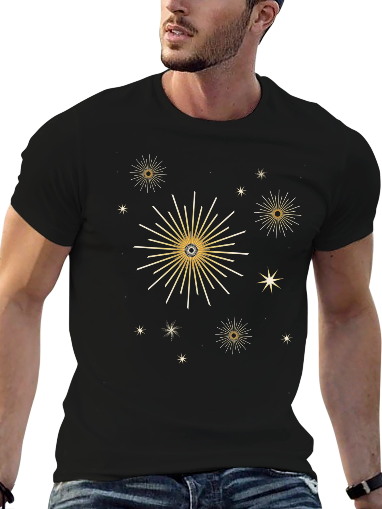 Stylish Black Tee with Gold Celestial Starburst Design