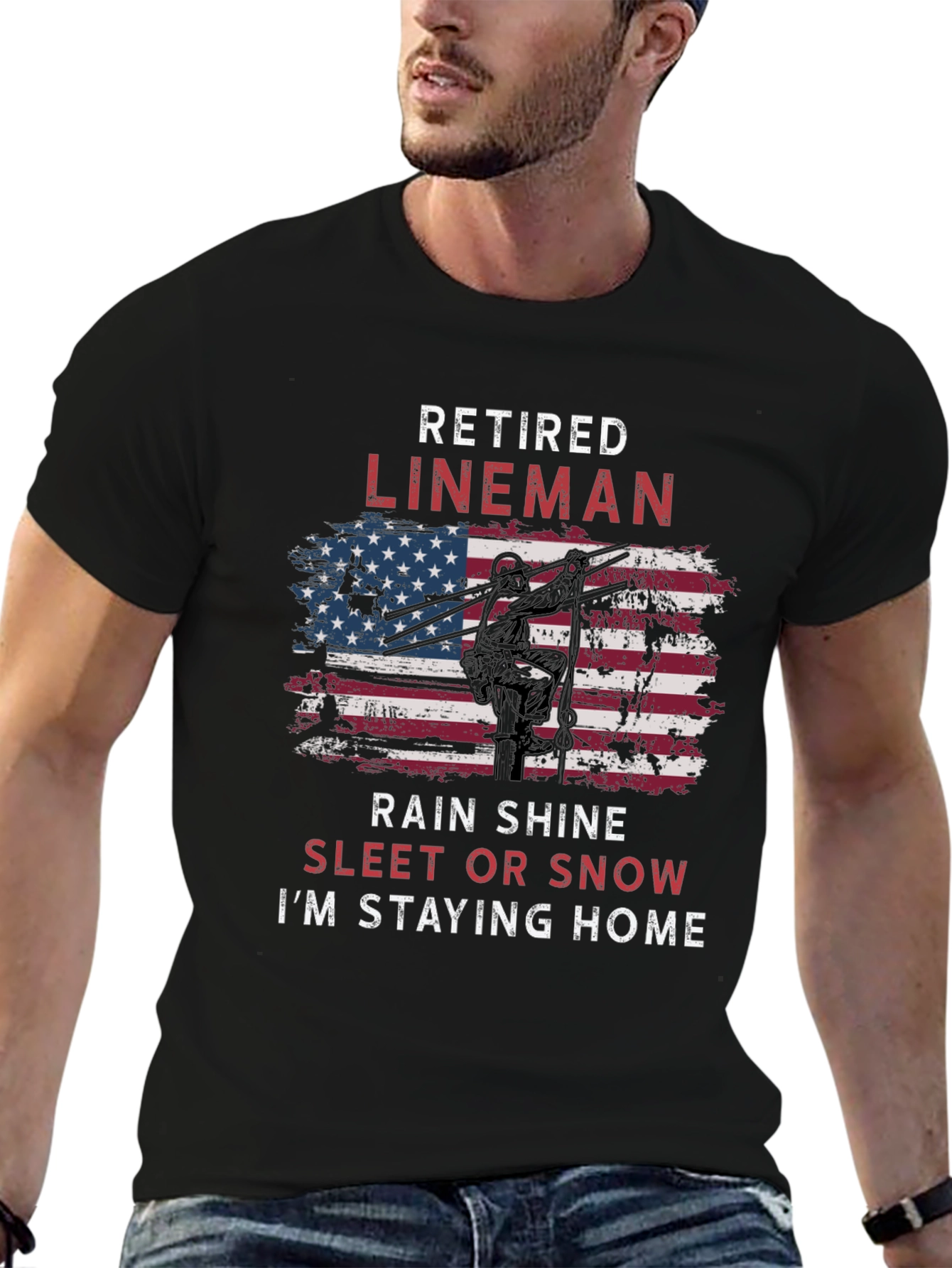 Retired Lineman T-Shirt - American Flag Design