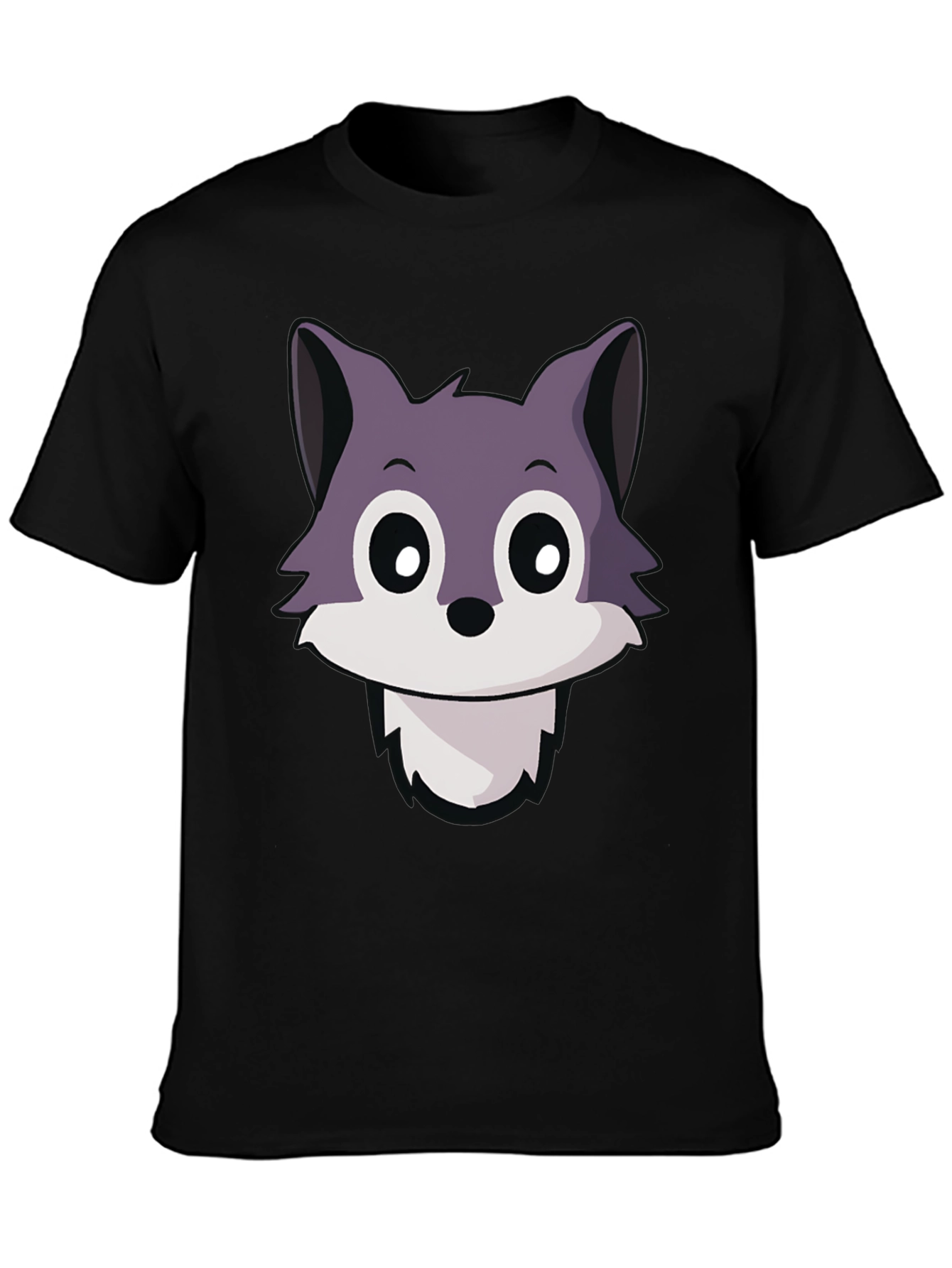 Cute Wolf Cartoon T-Shirt - Black Crew Neck