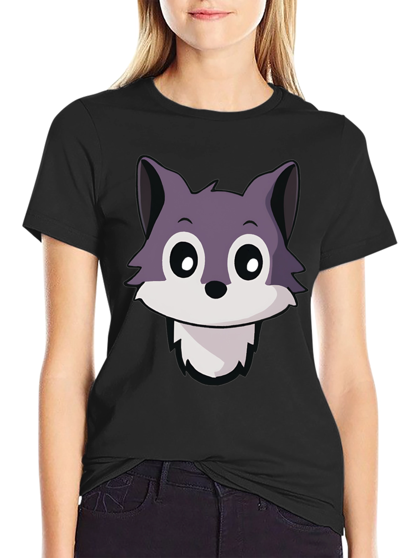 Cute Wolf Cartoon T-Shirt - Black Crew Neck