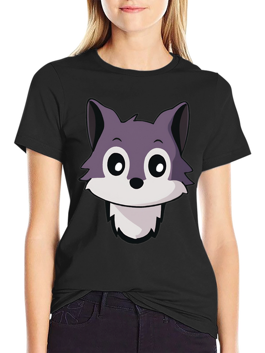 Cute Wolf Cartoon T-Shirt - Black Crew Neck