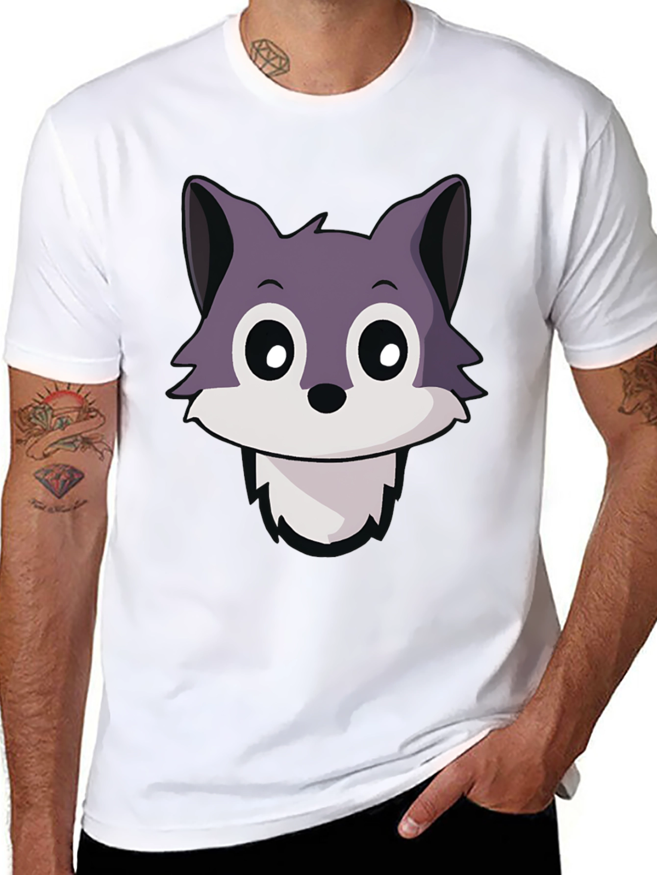 Cute Wolf Cartoon T-Shirt - Black Crew Neck