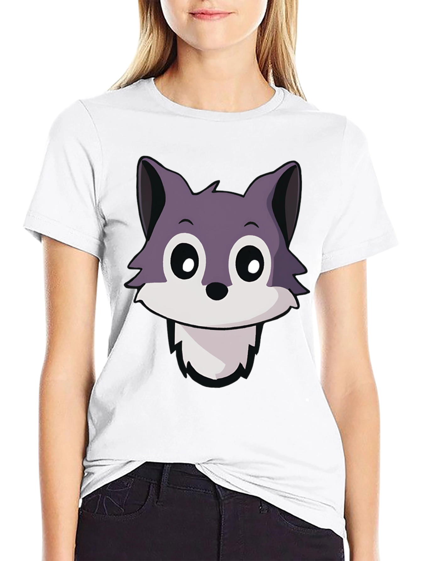 Cute Wolf Cartoon T-Shirt - Black Crew Neck
