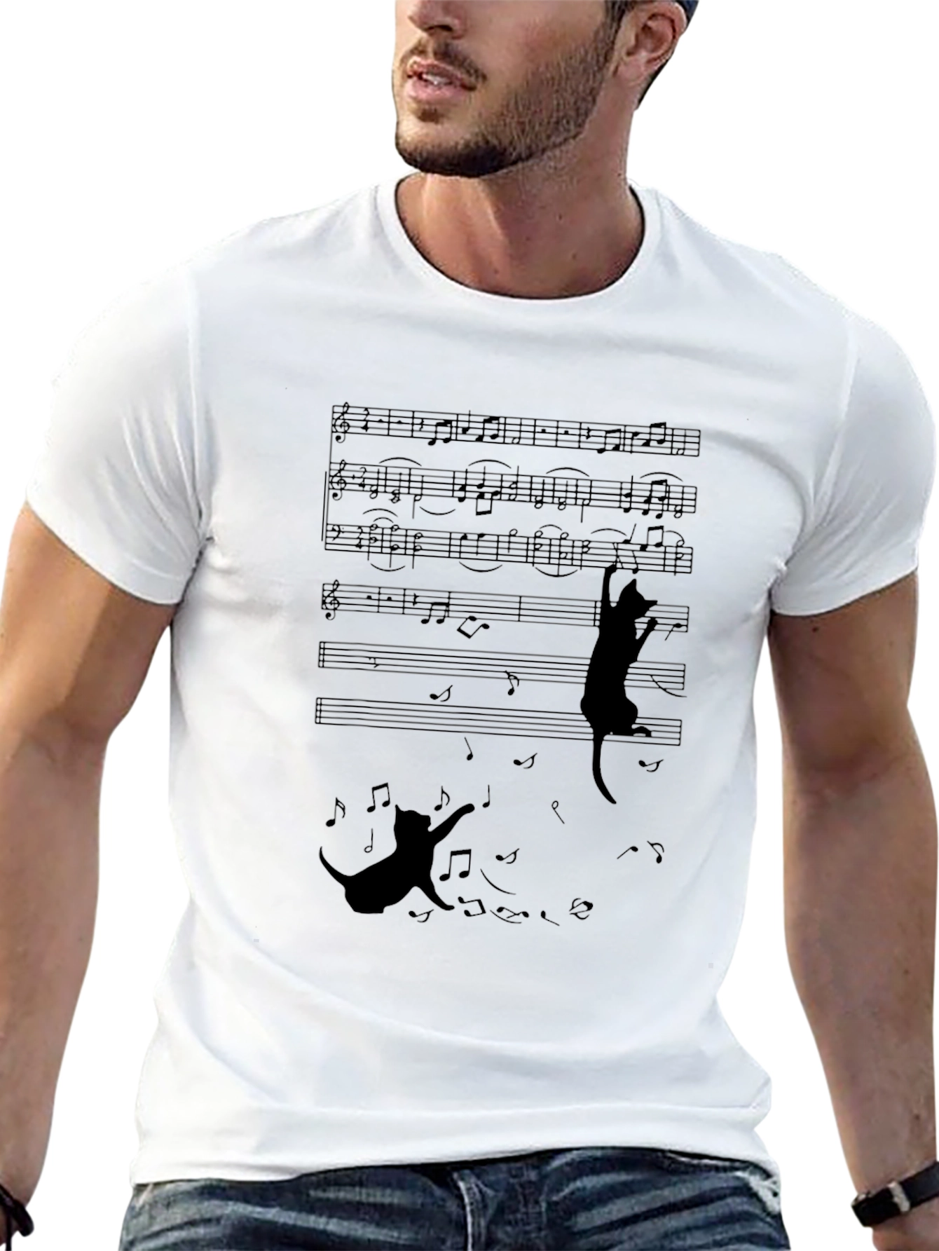 Musical Cat T-Shirt - Black Crew Neck Tee