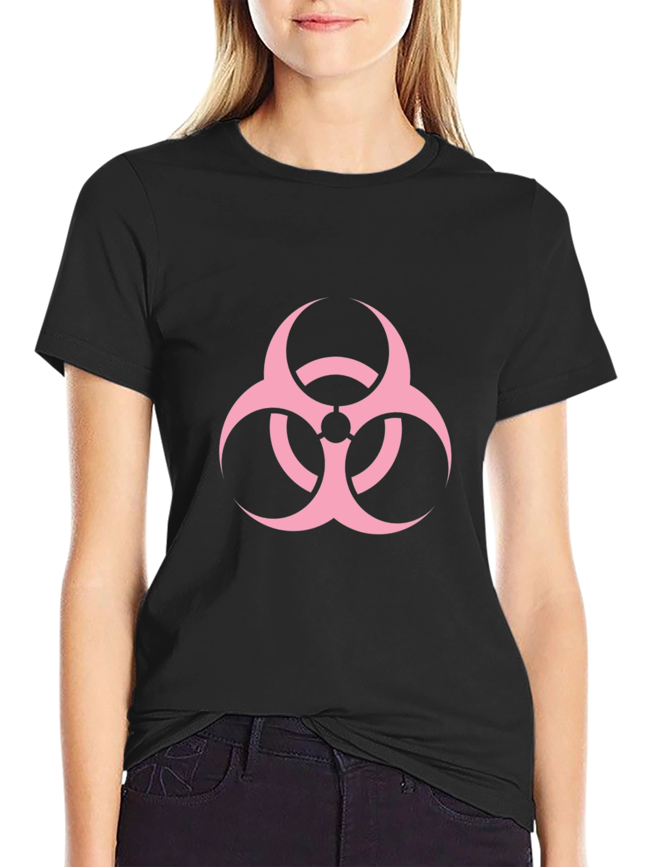 Biohazard Pink Graphic T-Shirt - Black Cotton Casual Tee