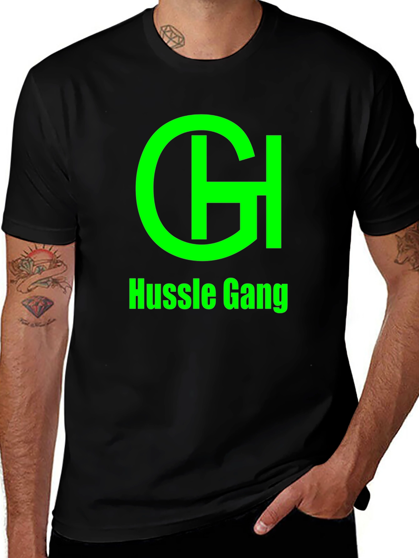 Hussle Gang Black T-Shirt - Green Graphic Print