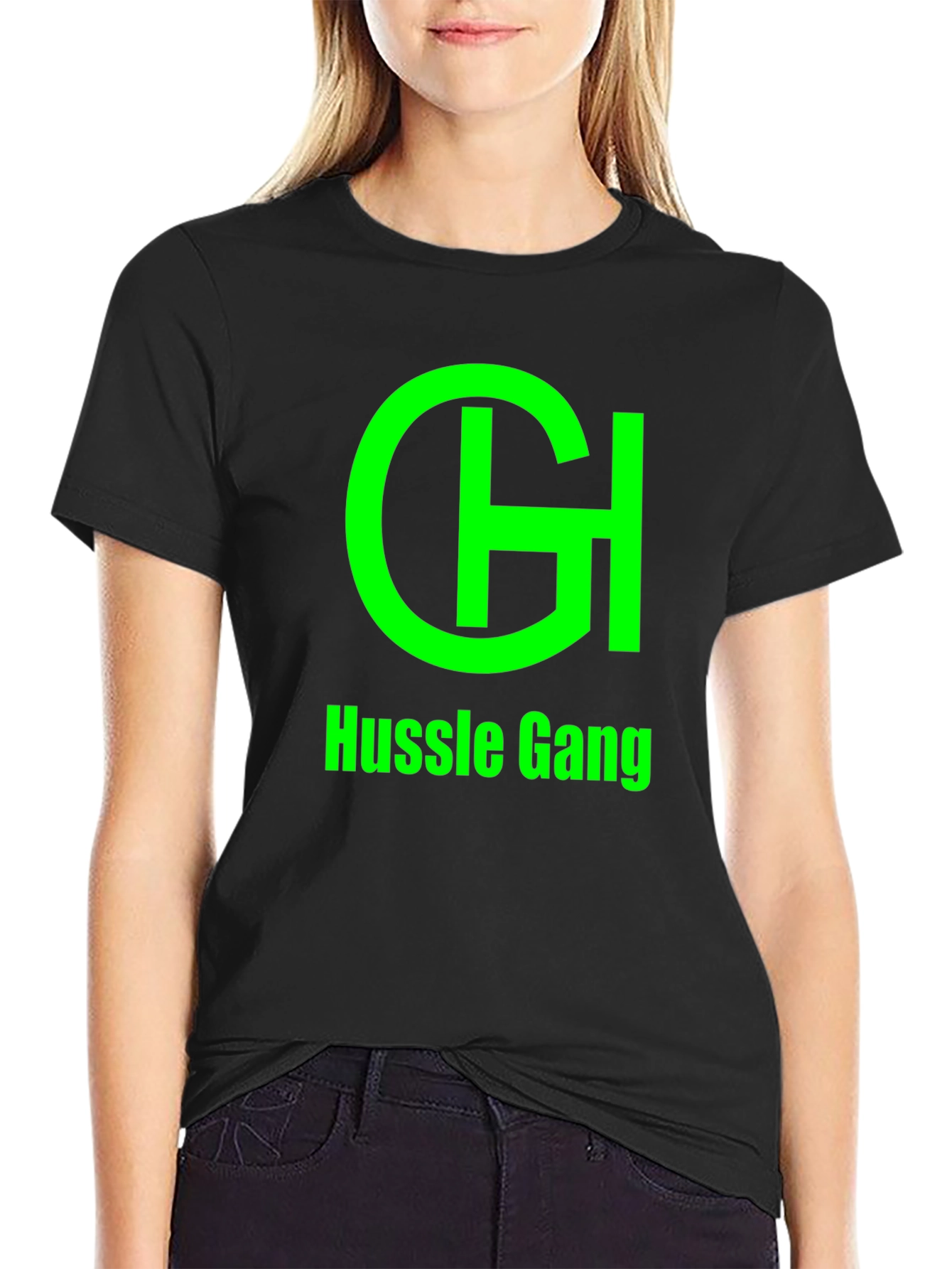 Hussle Gang Black T-Shirt - Green Graphic Print