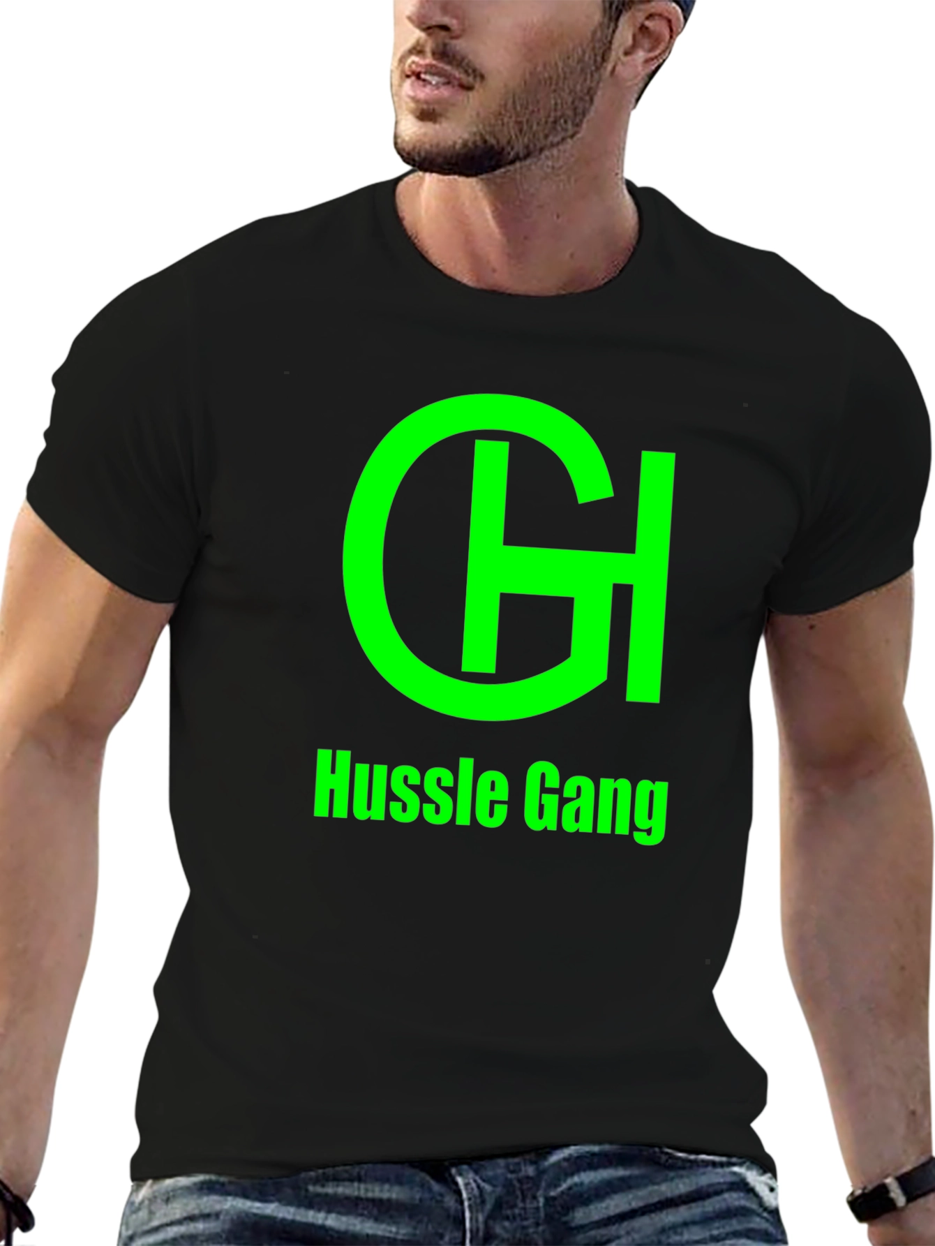 Hussle Gang Black T-Shirt - Green Graphic Print