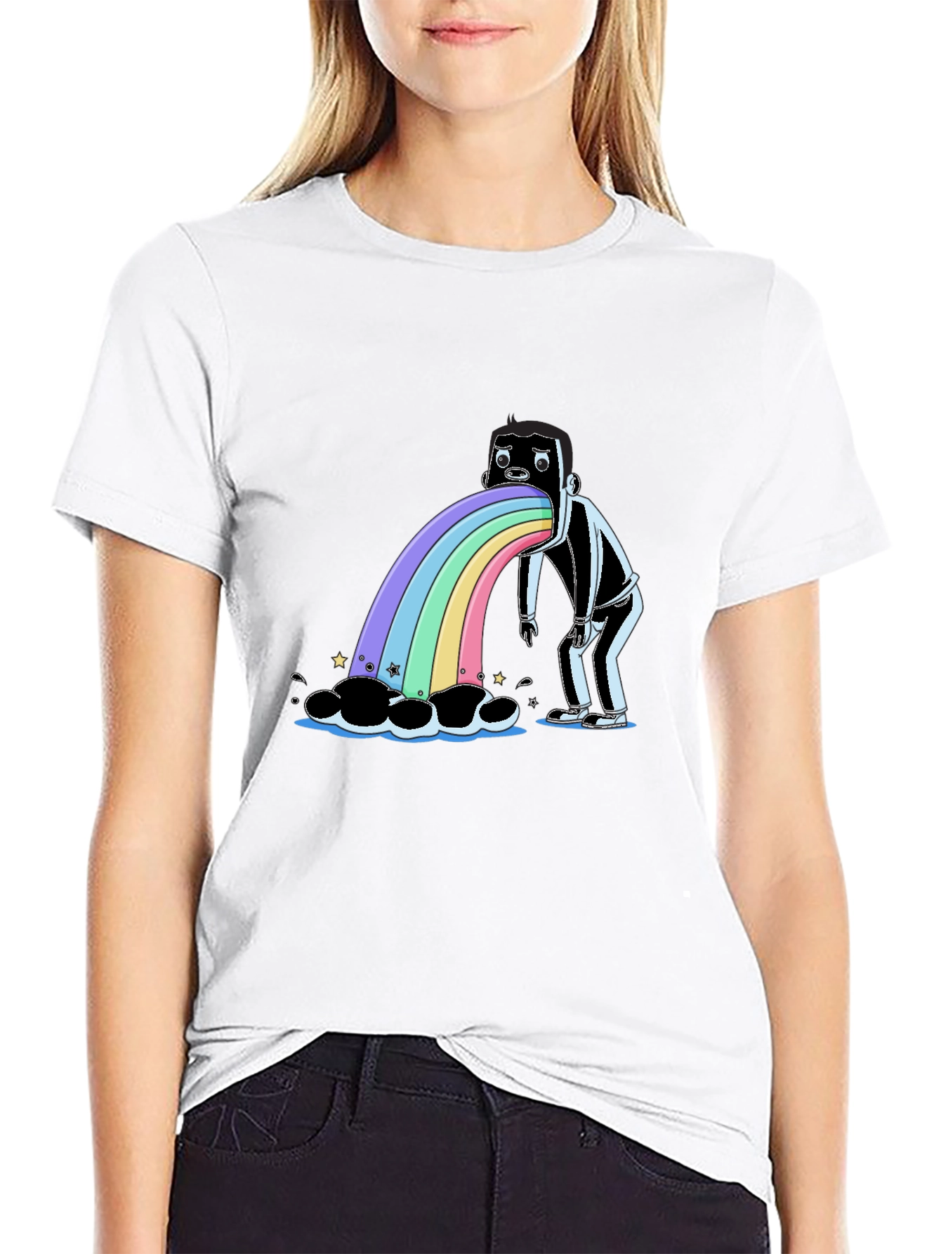 Rainbow Vomit Graphic Tee - Quirky Black T-Shirt