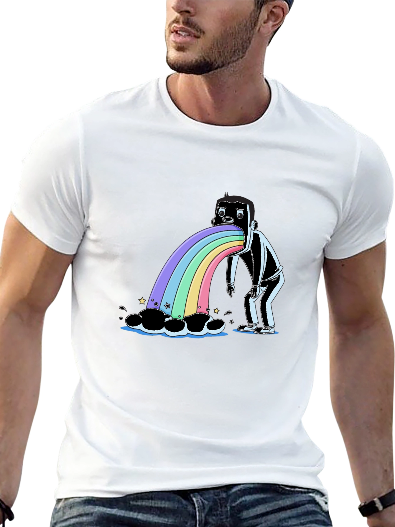 Rainbow Vomit Graphic Tee - Quirky Black T-Shirt