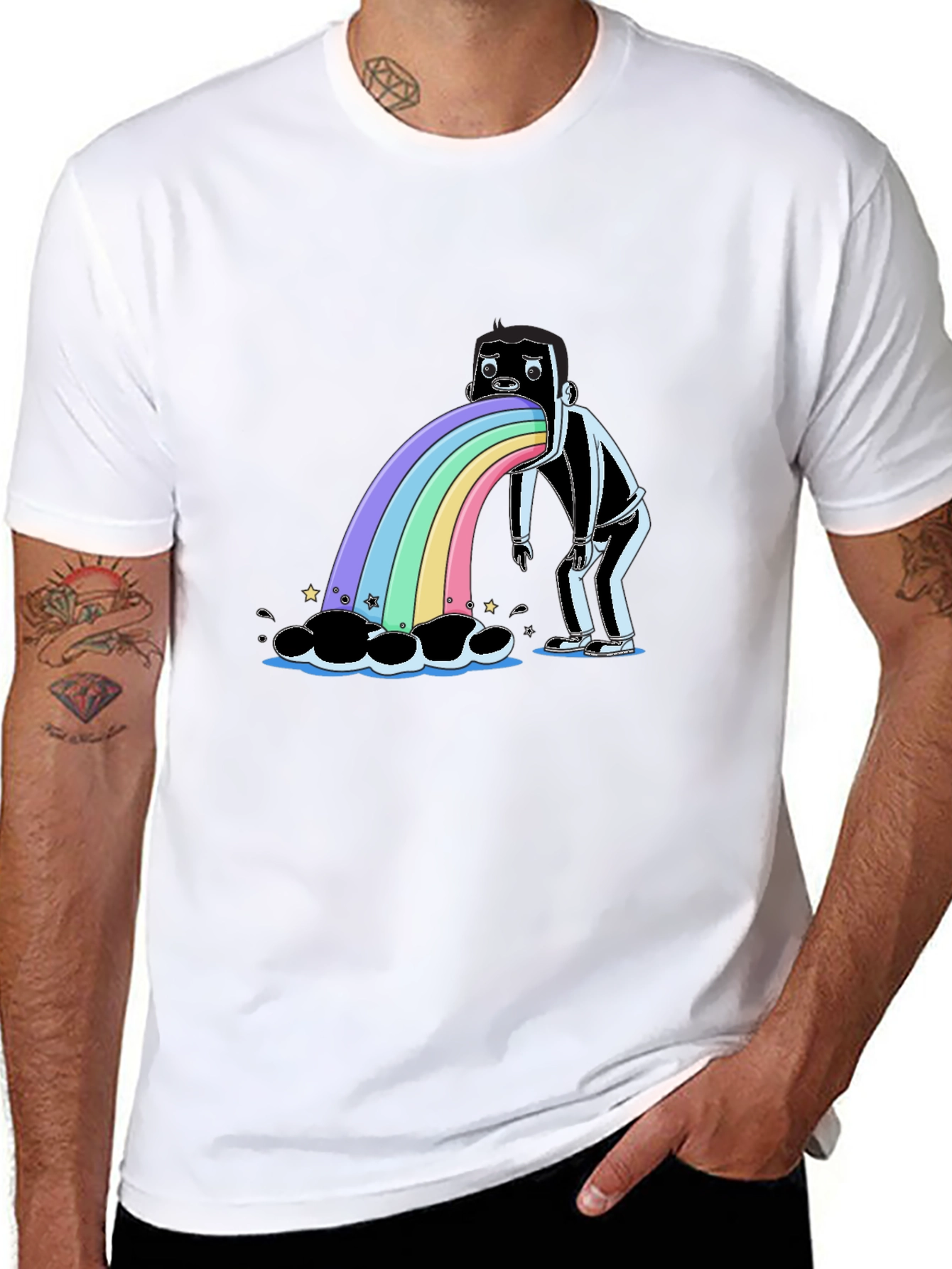 Rainbow Vomit Graphic Tee - Quirky Black T-Shirt