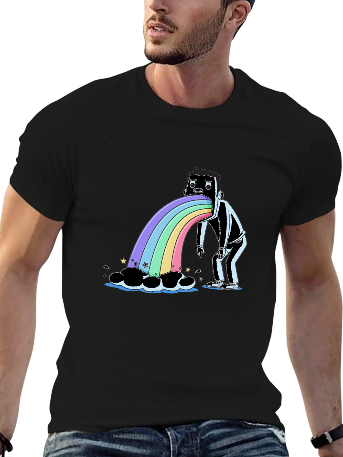 Rainbow Vomit Graphic Tee - Quirky Black T-Shirt