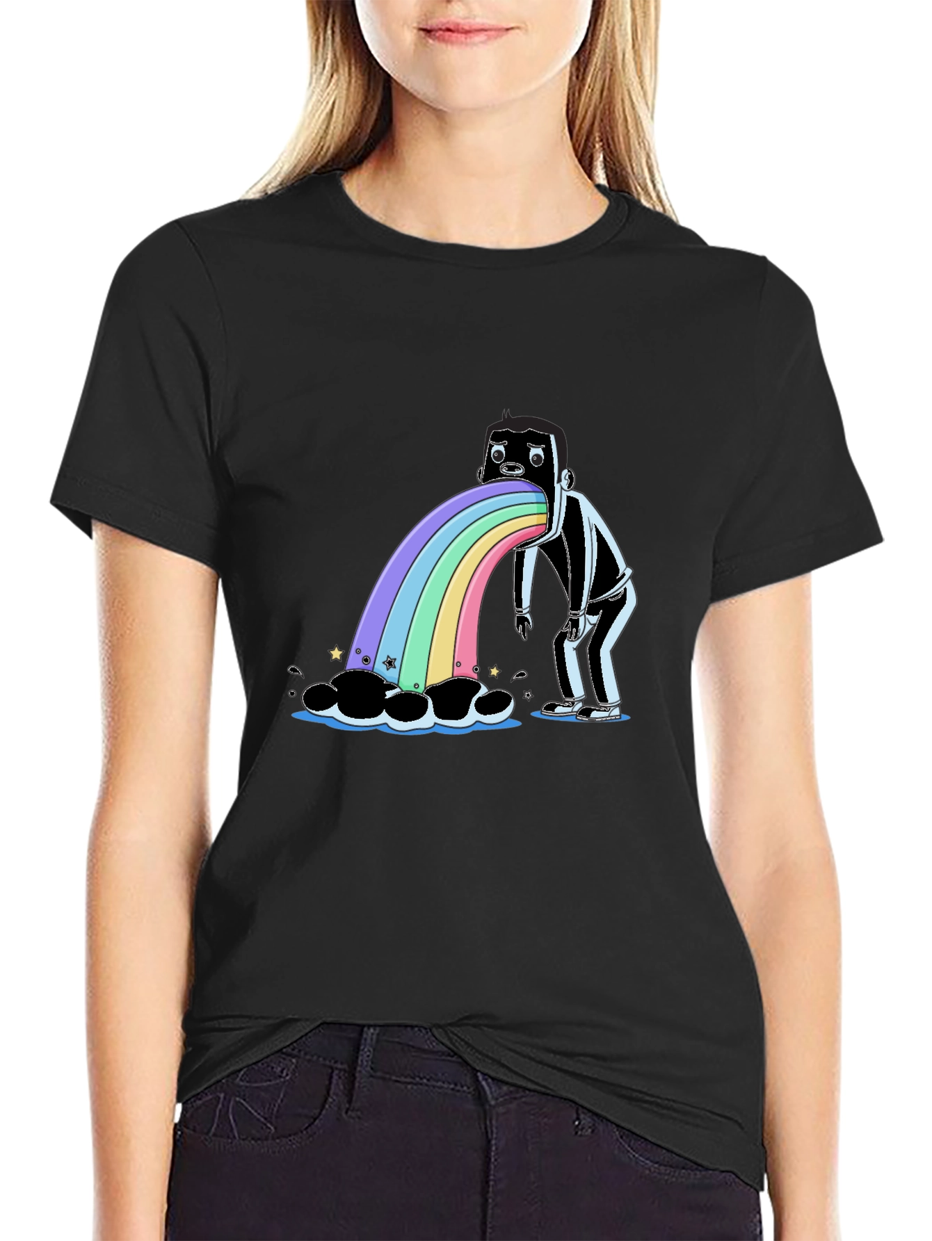 Rainbow Vomit Graphic Tee - Quirky Black T-Shirt