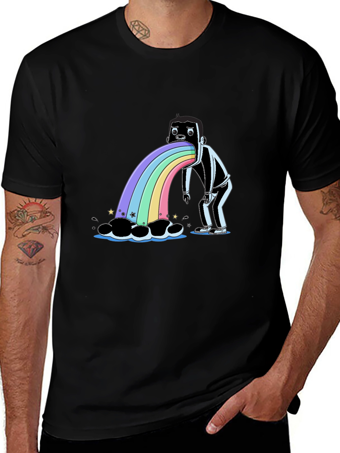 Rainbow Vomit Graphic Tee - Quirky Black T-Shirt