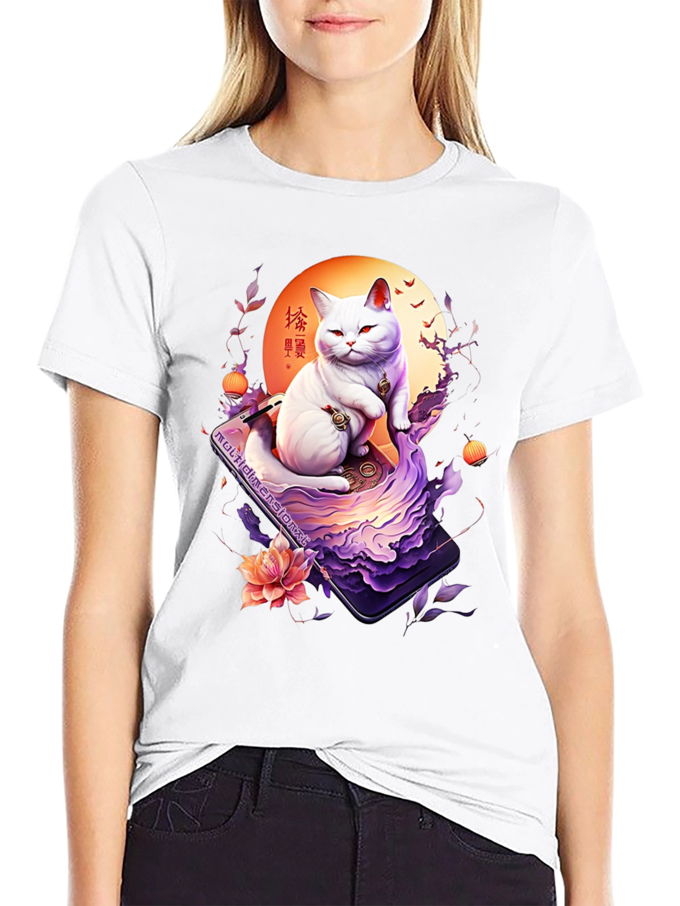 Mystical Cat T-Shirt - Japanese Art Style