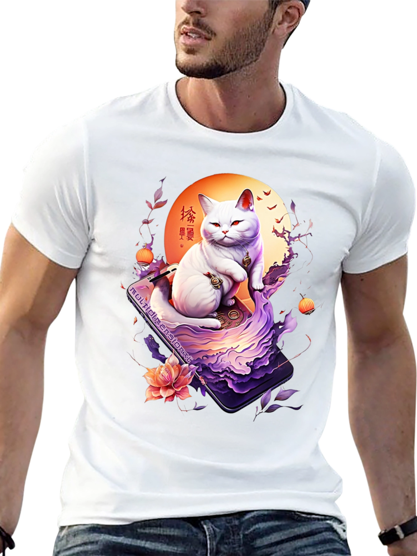 Mystical Cat T-Shirt - Japanese Art Style