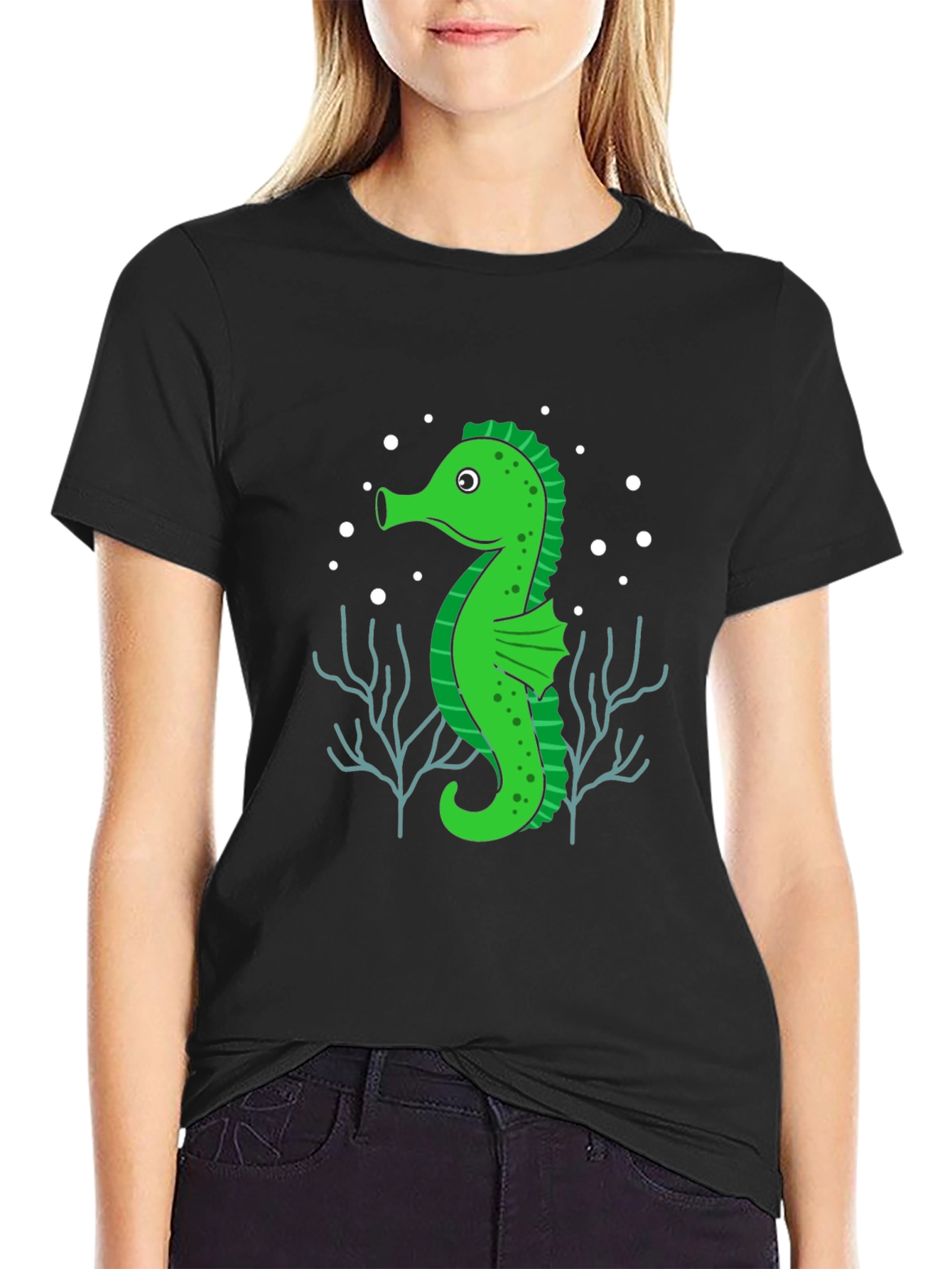 Seahorse Graphic Tee - Black Cotton T-Shirt
