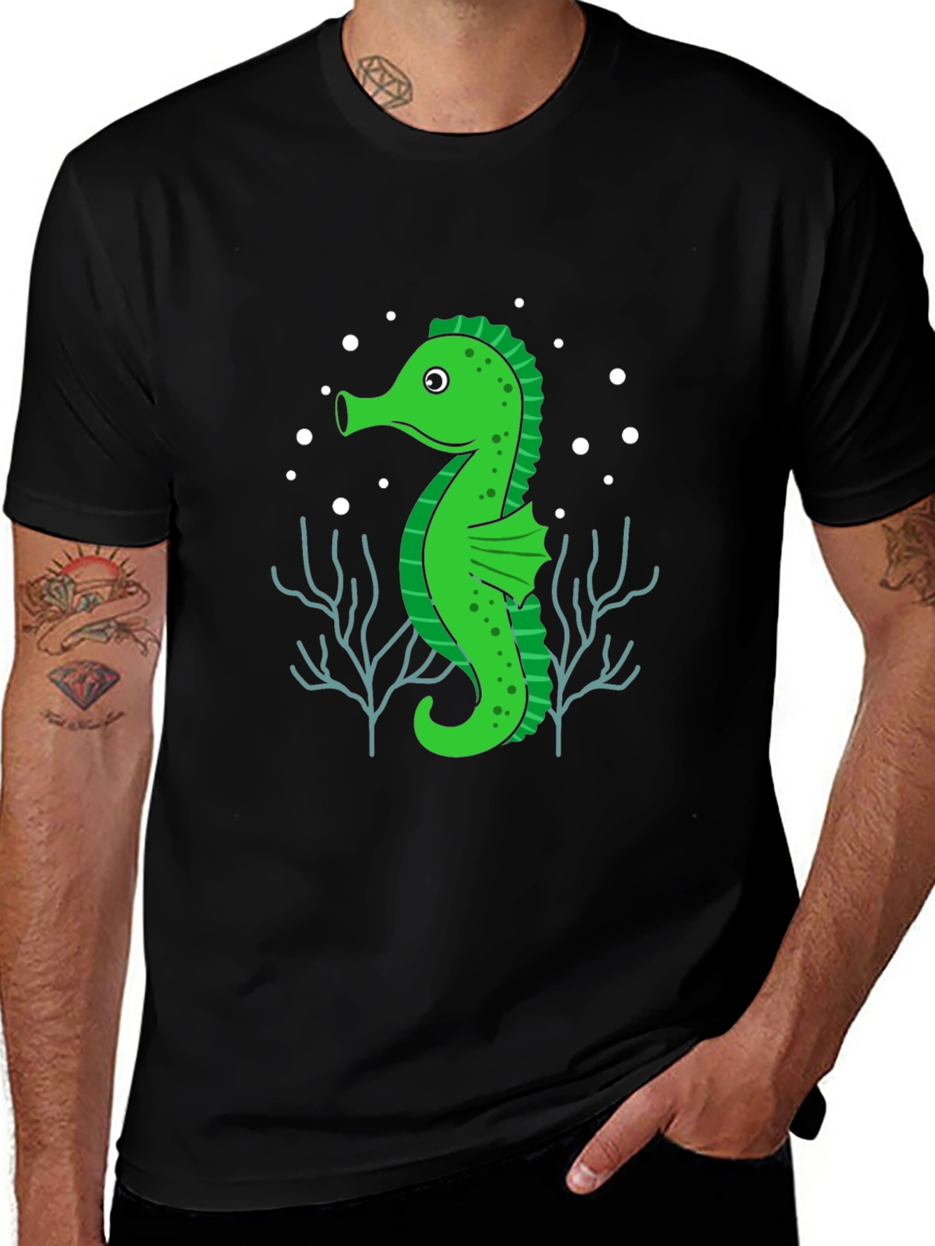 Seahorse Graphic Tee - Black Cotton T-Shirt