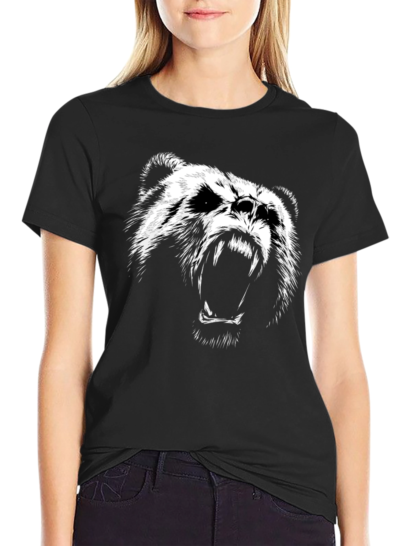 Mens Black T-Shirt with Roaring Bear Graphic