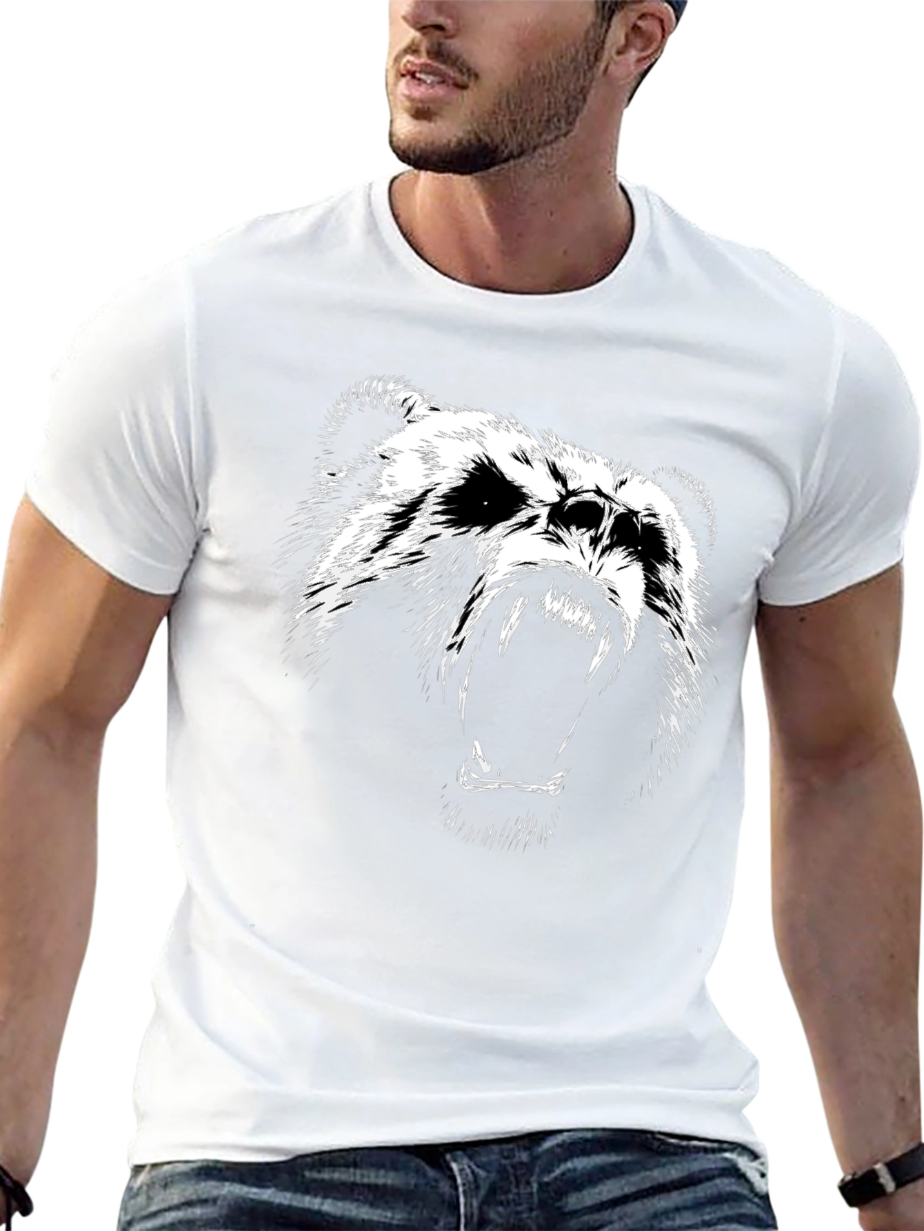 Mens Black T-Shirt with Roaring Bear Graphic